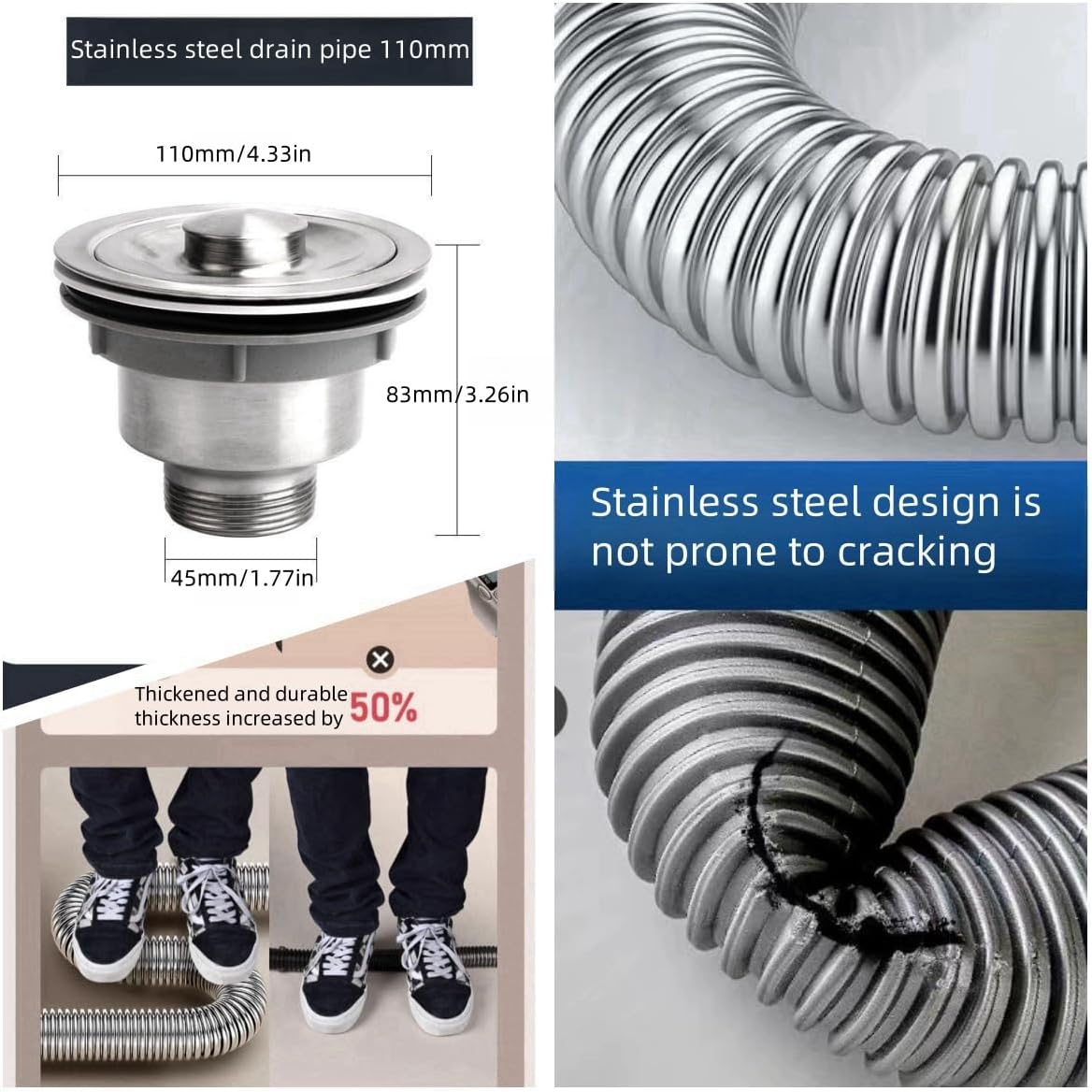 1 1/2 p trap, 201 stainless under sink plumbing kit, odor proofunder sink pipe replacement kit, suitable for bathrooms/kitchens (style-39in)