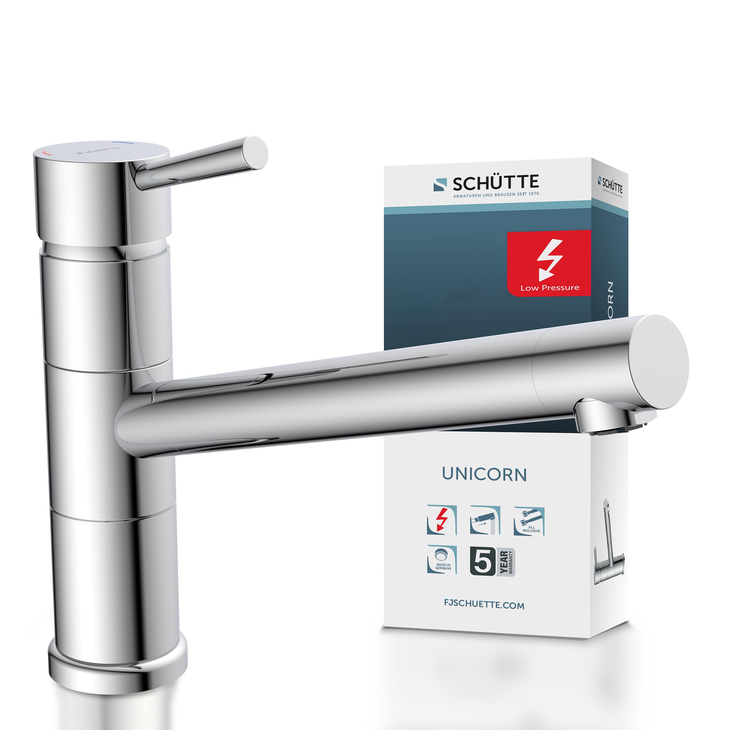 SCHÜTTE 33790 UNICORN Niederdruck-Küchenarmatur 150° schwenkbar, Wasserhahn für die Küche mit Anti-Nachlauf-Funktion, Mischbatterie mit Einhebelmischer, Spültischarmatur, Chrom