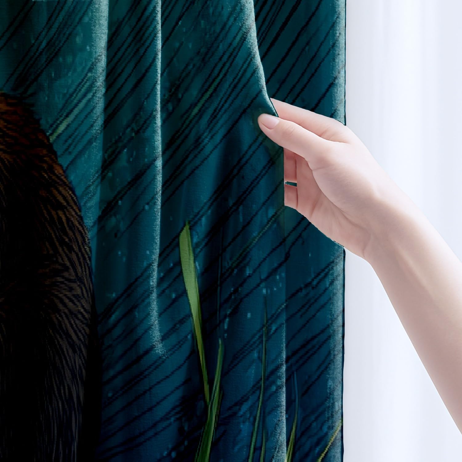 Genérico Kreskówka wieża wodna fale zasłona z nadrukiem - pranie w pralce zasłony sypialnia z oczkami, szałwiowa zieleń, 180 cm x 200 cm (2 panele)