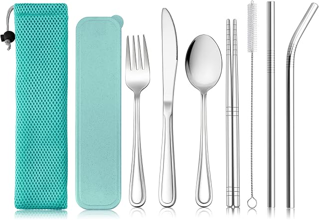 Haware 9 Piece Individual Cutlery Set, Stainless Steel Portable Flatware Set for 1, Including Knife, Fork, Spoon, Chopsticks, Cleaning Brush, Straws, Case & Bag, Portable & Reusable (Green)