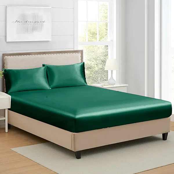 California King Silk Satin Fitted Sheet, Soft Deep Pocket Single Bottom Bed Sheets Sold Separately, Wrinkle Free, Non- Fading, Breathable, Fully Elasticized(Cal King Size, Dark Green)