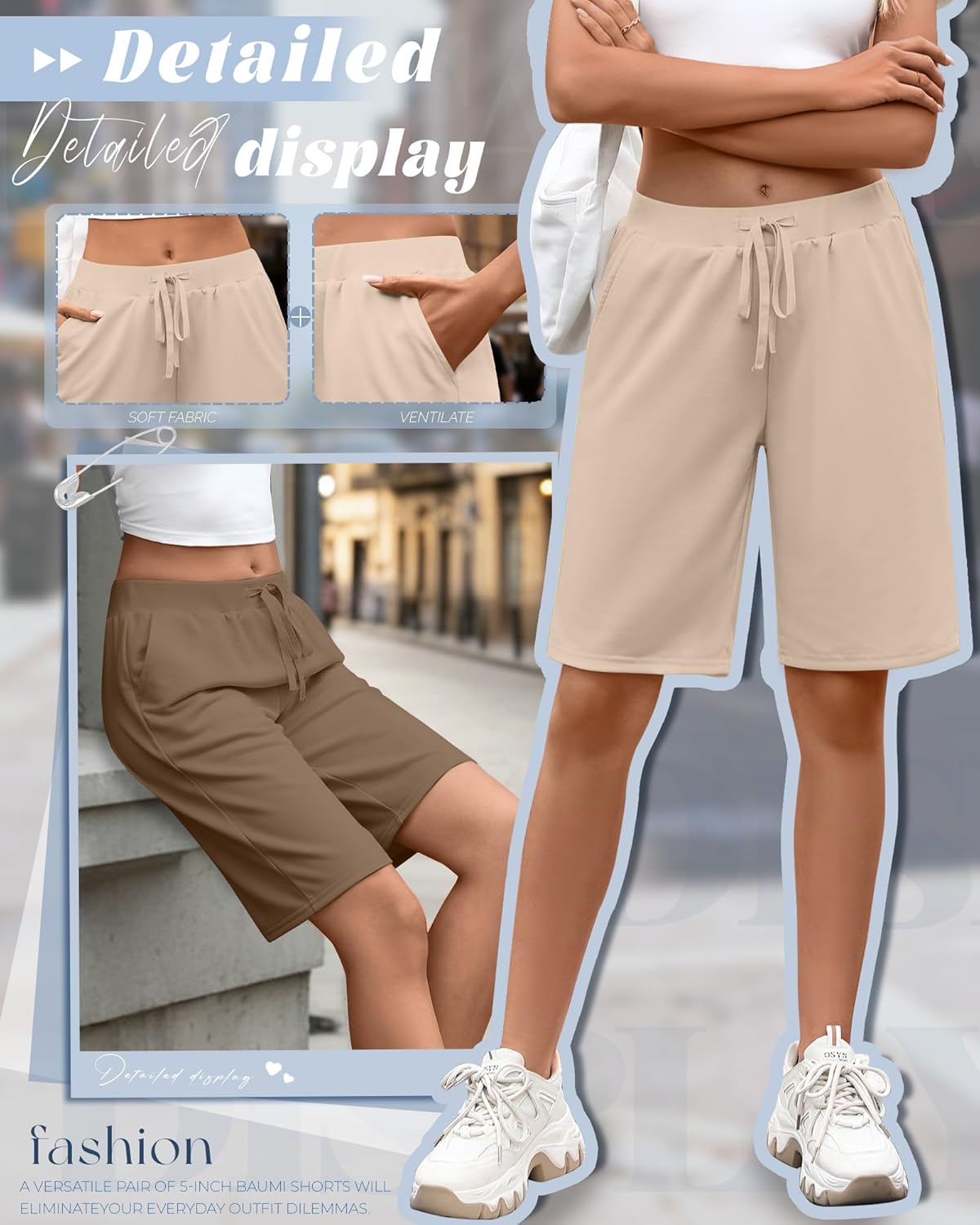 Neer 3 Pack Women's Bermuda Shorts Drawstring Elastic High Waisted Athletic Long Sweat Shorts Knee Length with Pockets