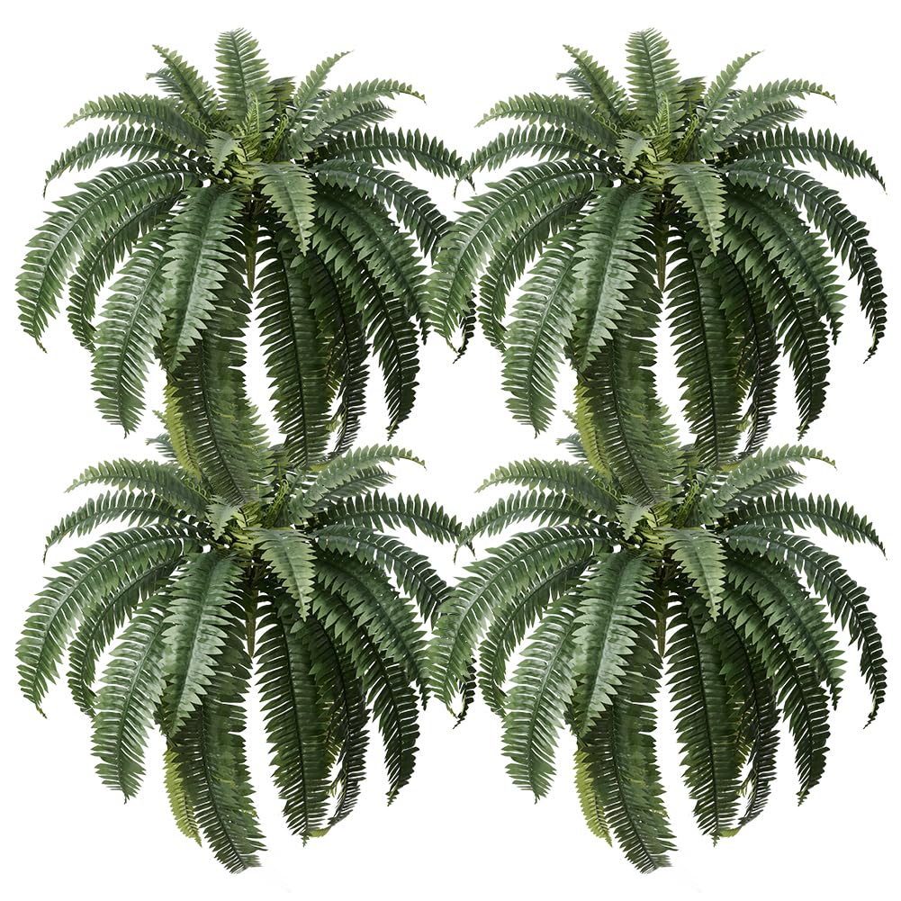 Artificial Boston Ferns 48" UV Resistant Faux Ferns With 33 Fronds for Outdoors - Large Fake Plants for Home, Garden, Front Porch and Hanging Decor - Lifelike Greenery for Indoor Spaces,4Pcs VN141