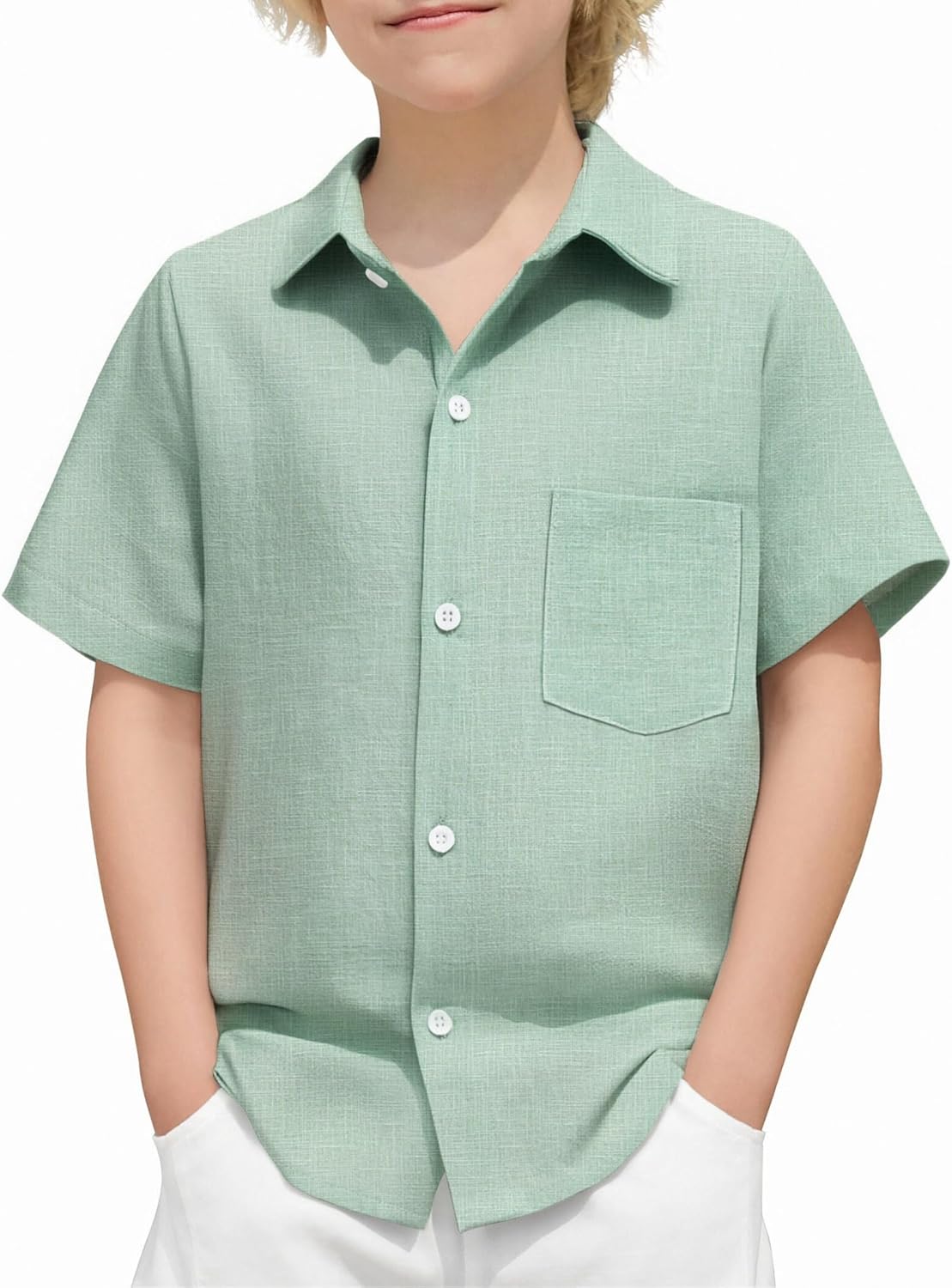 Arshiner Boys Button Down Shirt 100% Cotton Short Sleeve Shirt Solid Summer Beach Shirts with Pocket Size 4-14 Years