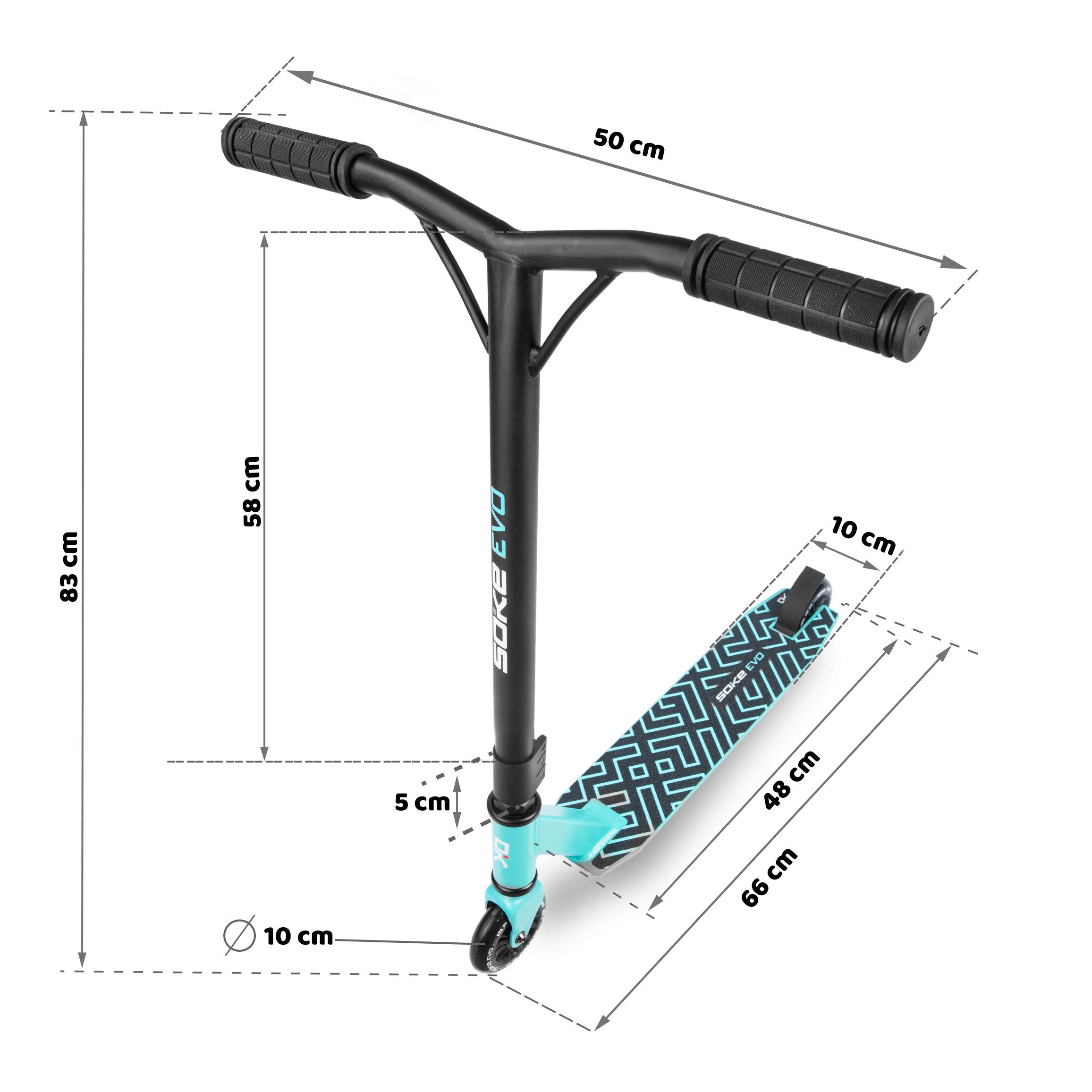 SOKE EVO Stunt Scooter für Extreme Skateparkfahrten – ABEC-9 Carbonlager aus verchromtem Stahl – PU-Räder 88A – Y-Bar-Lenker mit TPR-Griffen – Aluminium-Deck