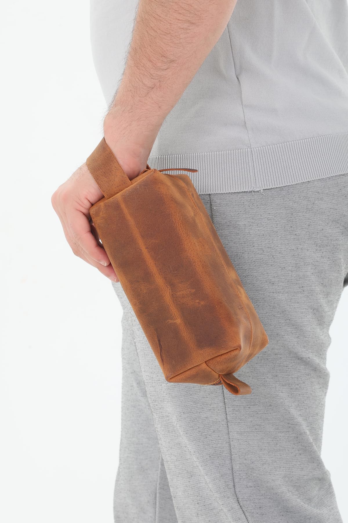 Erzeno Erkek Hakiki Deri Portföy Clutch Traş Bakım Kozmetik Çantası ve Günlük El Çantası Dopp Kit Taba