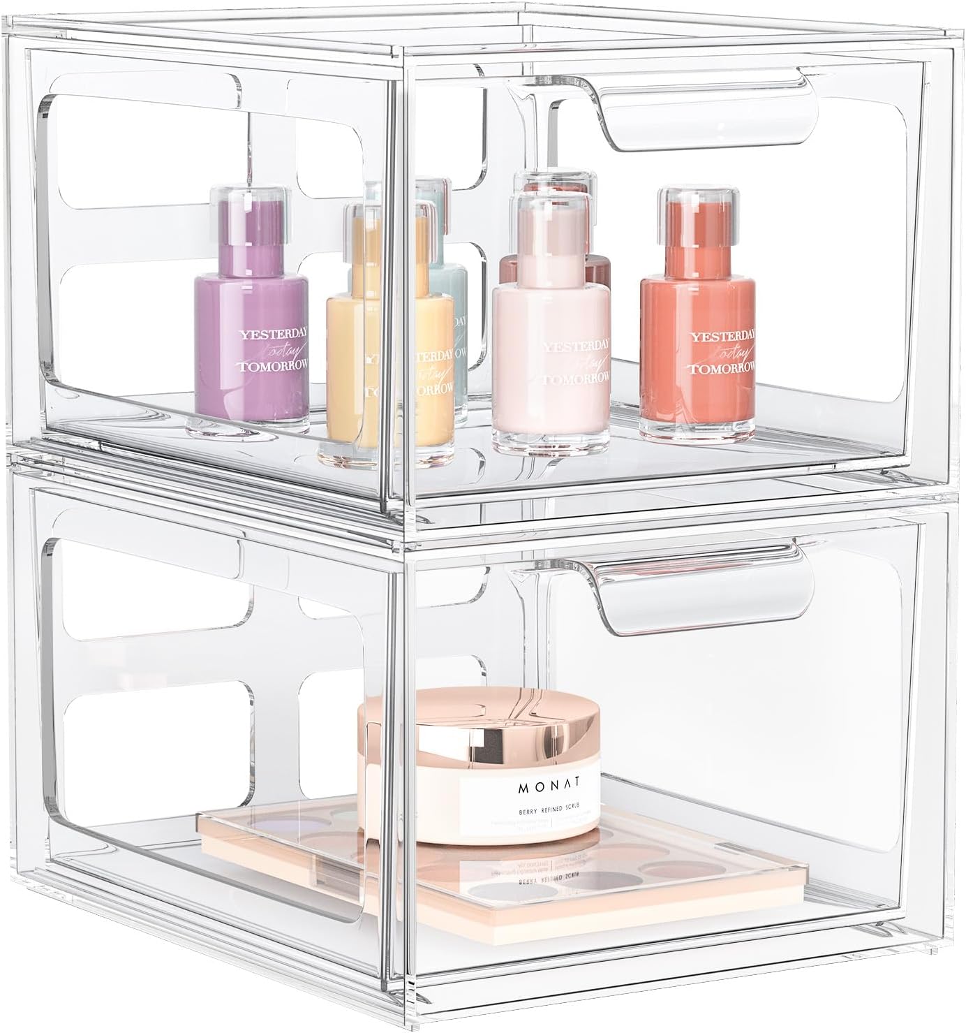 StorMiracle2 Pack Clear Makeup Organizer and Acrylic Organizers,Plastic Storage Bins with Handles for Vanity, Kitchen Cabinets, Pantry Organization and Storage