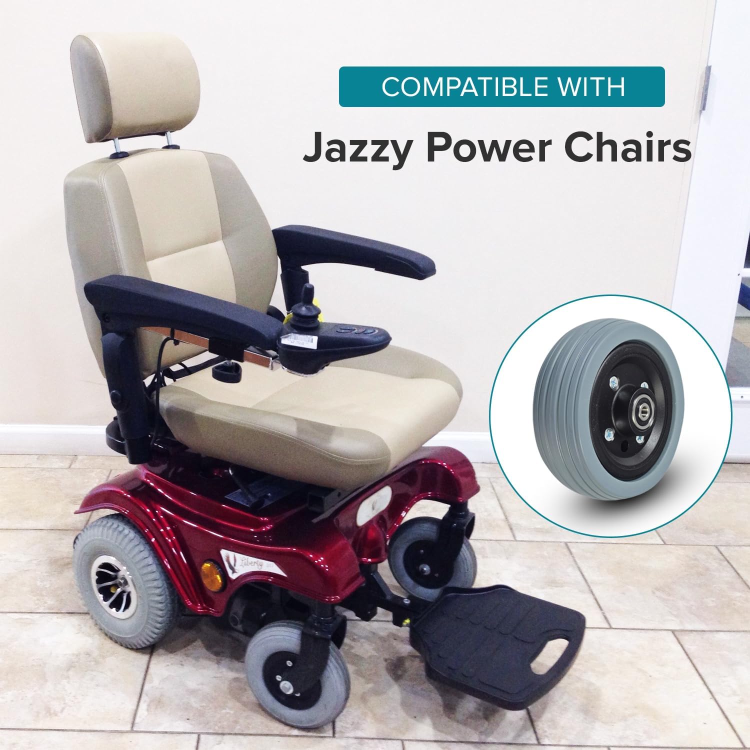AlveyTech 6"x2" Flat-Free Caster Wheel Assembly with Gray Tire for Jazzy Power Chairs - Replacement Jazzy Mobility Power Chair Wheels Include Ribbed Solid Tires & 638RS Bearings (WHLASMB1762 / C1762)