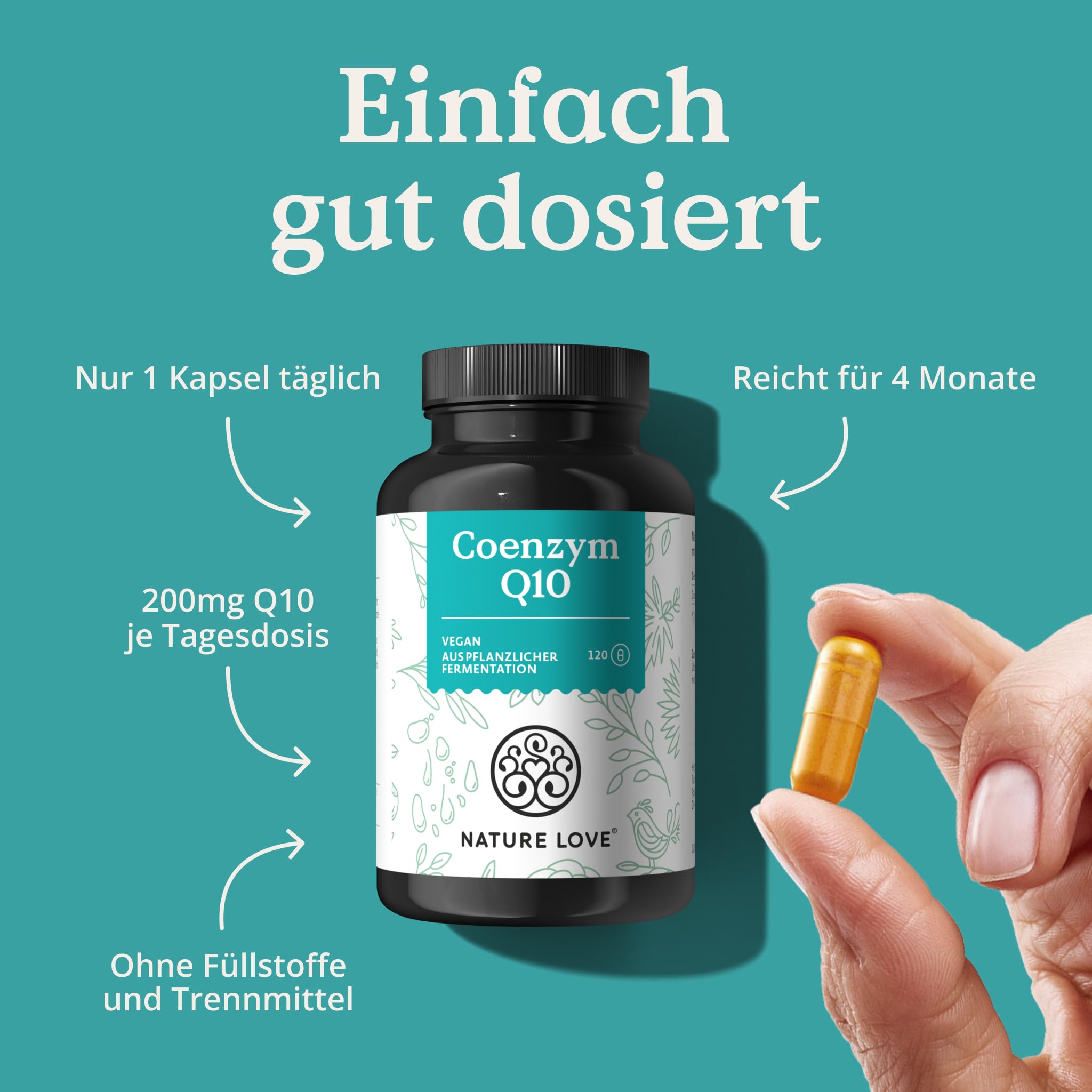 NATURE LOVE® Coenzym Q10 Hochdosiert - 200mg pro Kapsel - 120 vegane Kapseln im 4 Monatsvorrat - Aus pflanzlicher Fermentation - Hochdosiert & in Deutschland produziert