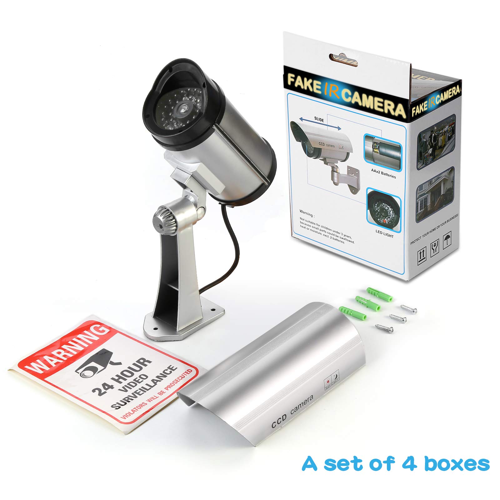 FITNATE Lot de 4 caméras factice d'extérieur - Fonctionne avec piles - Résistant à la pluie - Système de surveillance CCTV avec lumière LED rouge clignotante - 4 autocollants d'avertissement de
