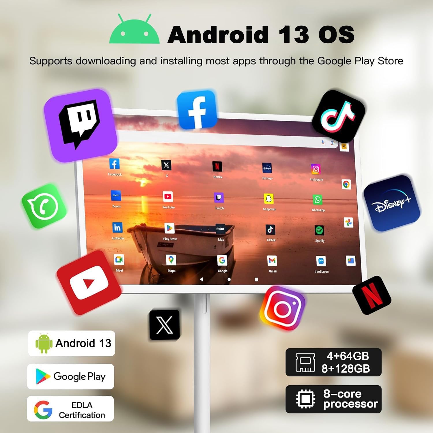 Smart TV Android 13 de 21,5” con Pantalla Táctil Full HD – Televisor Portátil con Batería Integrada y Ruedas para Uso en Casa u Oficina(4+64GB)