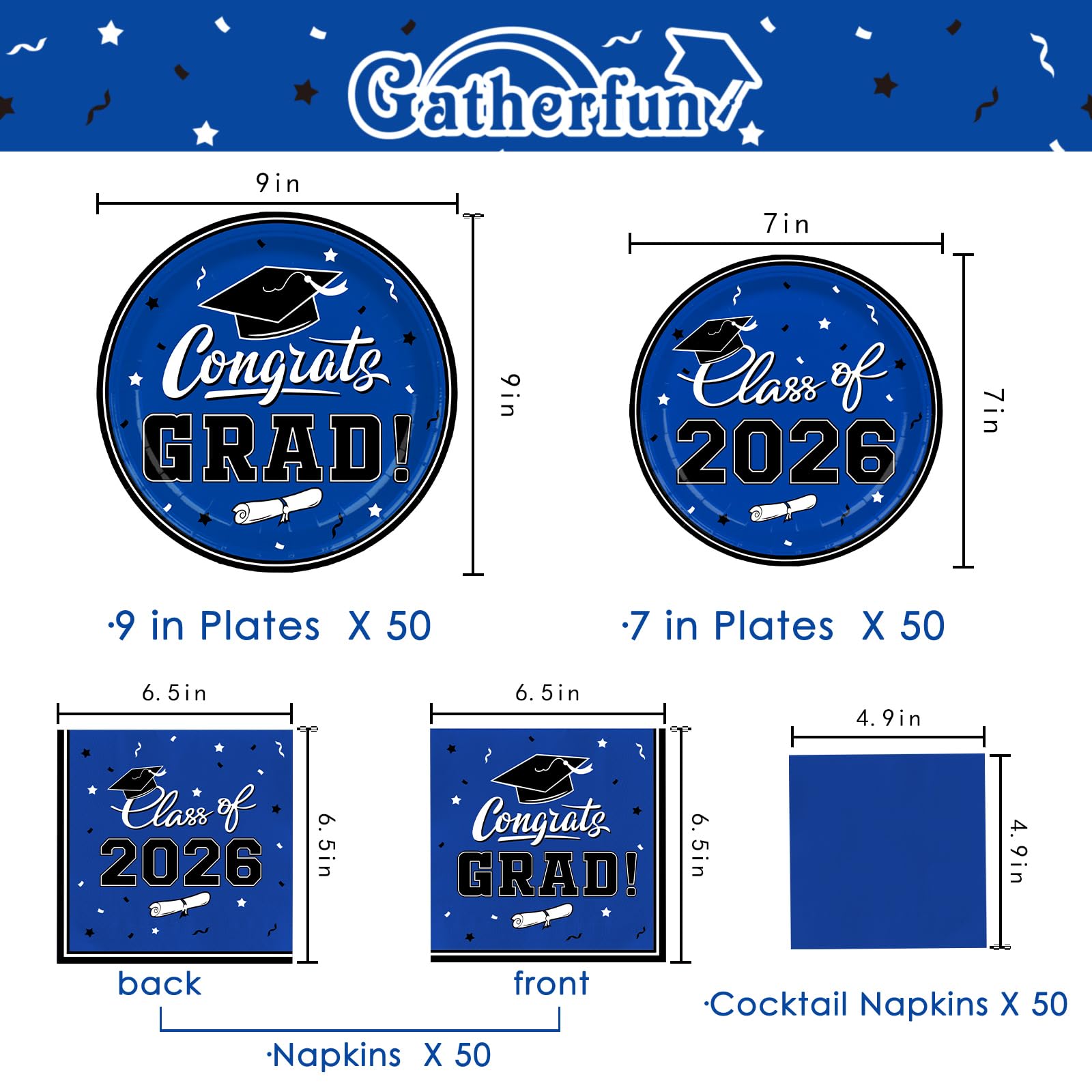 Gatherfun Graduation decorations 2026 Graduation Plates and Napkins Blue Disposable Paper Plates Luncheon Napkins Cocktail Napkins for Congrats Grad Party Decorations, Serve 50 — Amazon image 2