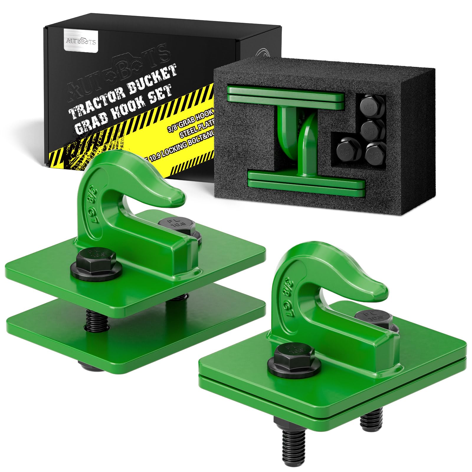 AUTOBOTS Tractor Bucket Hooks 3/8" (2 Pack) Max 15,000 lbs, Bolt On Chain Grab Hooks Heavy Duty Tow Hook, Indispensable Tractor Accessories Dark Green
