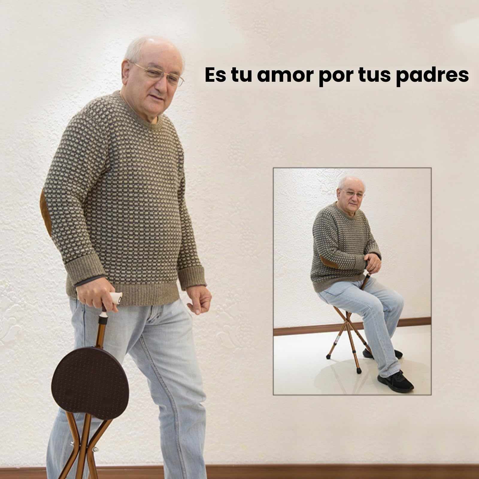 Silla De Bastón Plegable Portátil con Cojín De Masaje Aleación De Aluminio Baston con Silla Plegable para Ancianos,Taburete De Caña De Metal para Actividades Al Aire Libre, Campamentos