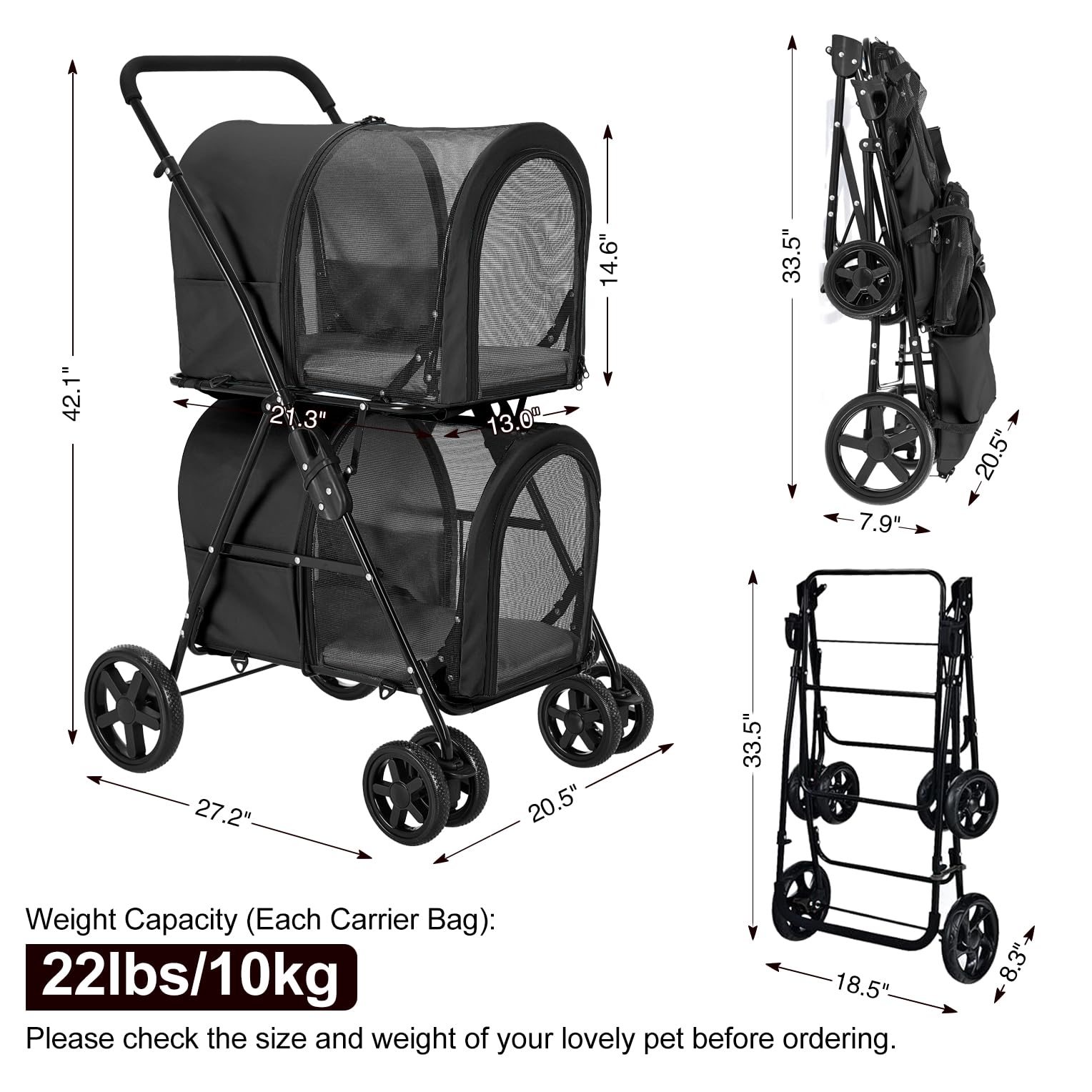 Double Poussette pour Chien Chat jusqu‘à 20kg, 2 Cages Détachables Indépendantes, Roues Universelles Pivotantes, Porte Avant et Arrière, Poussette Voyage pour Deux Animaux, NOIR