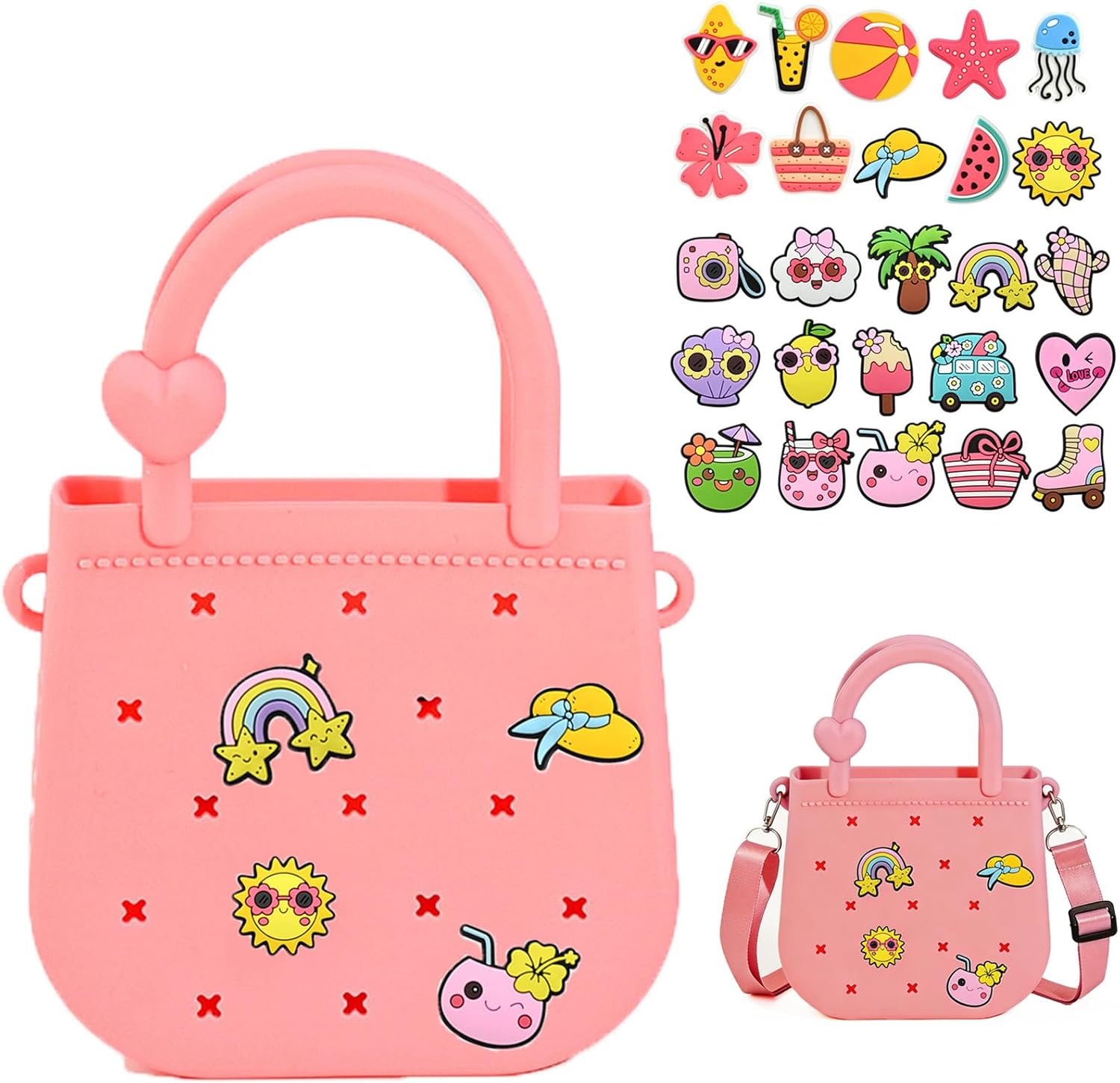 Mini Silicone Tote Bag, Rubber Beach Tote with Adjustable Strap and 25pcs Cute Decorations for Little Girl and Woman