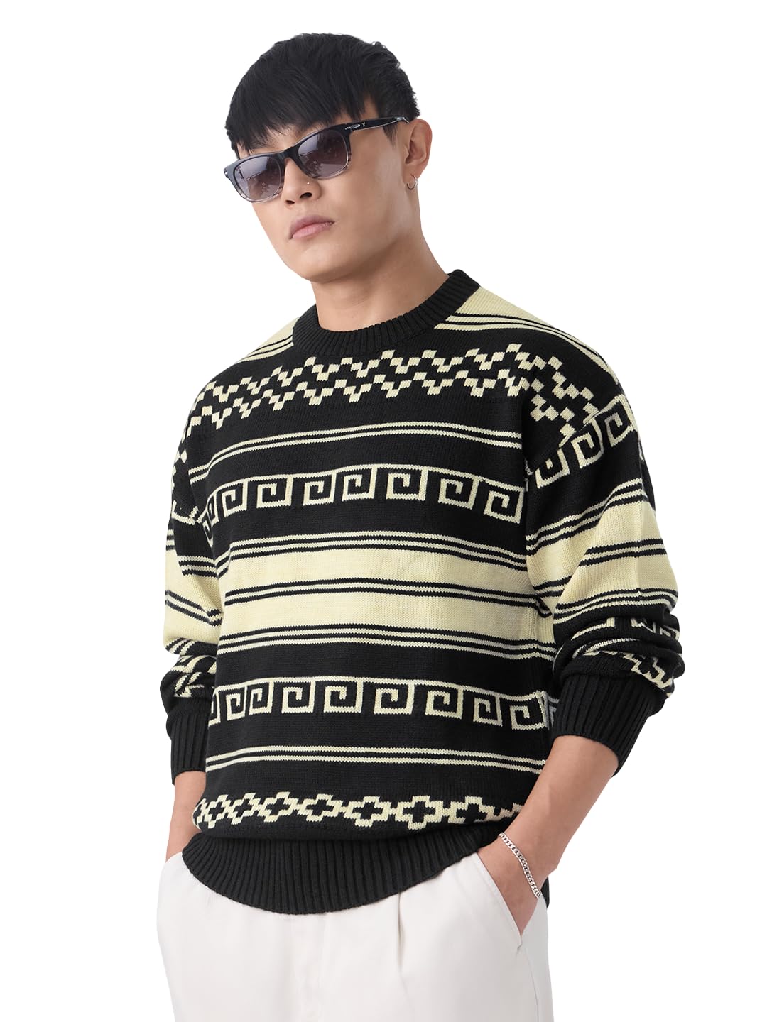 Free-Spirit Men and Boys Full Sleeves Round Neck Geometric Printed Acrylic Lightweight Casual Oversized Pullovers-image-3