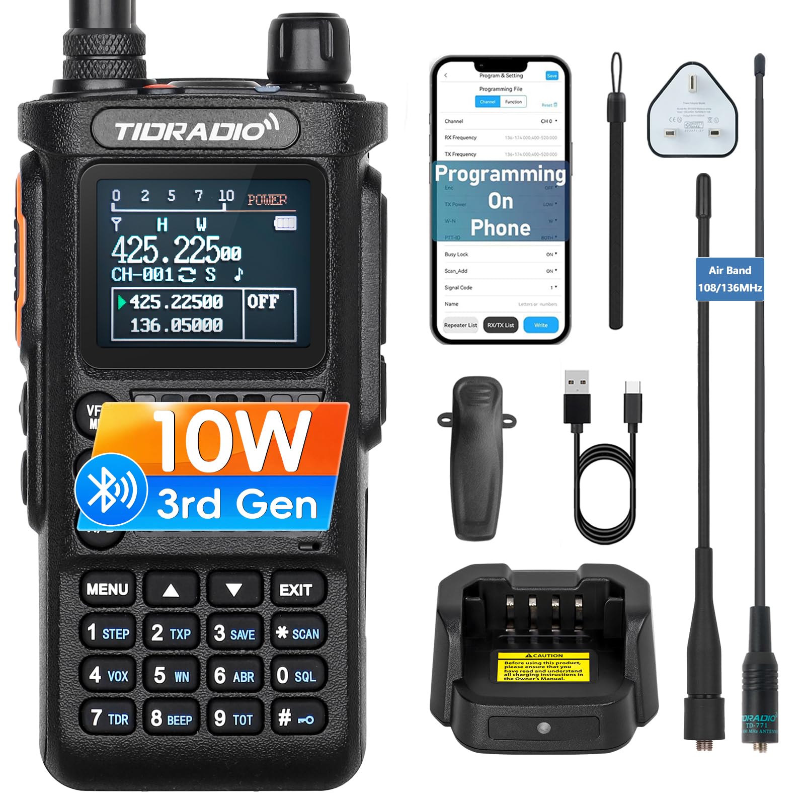 (3rd Gen) TIDRADIO TD-H8 Ham Radio,10W Walkie Talkies, Bluetooth APP Programming, Airband Two Way Radio Handheld Transceiver 2500mAh Batteries, Amateur Radio Long Range for Adults-Black,1Pack