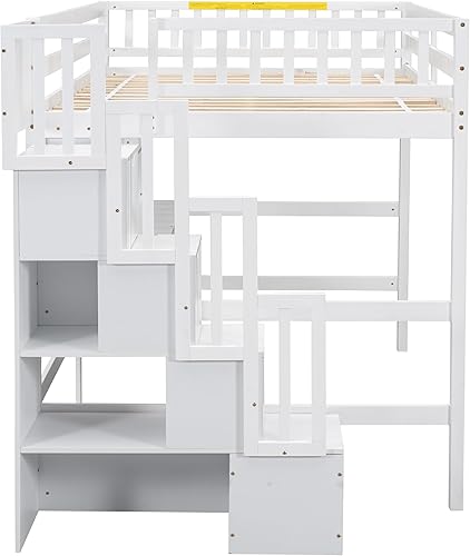 Miniatura 63 de Quarte Cama alta multifuncional, cama alta tamaño matrimonial con escritorio integrado y estantes de almacenamiento, dos cajones y escalera de