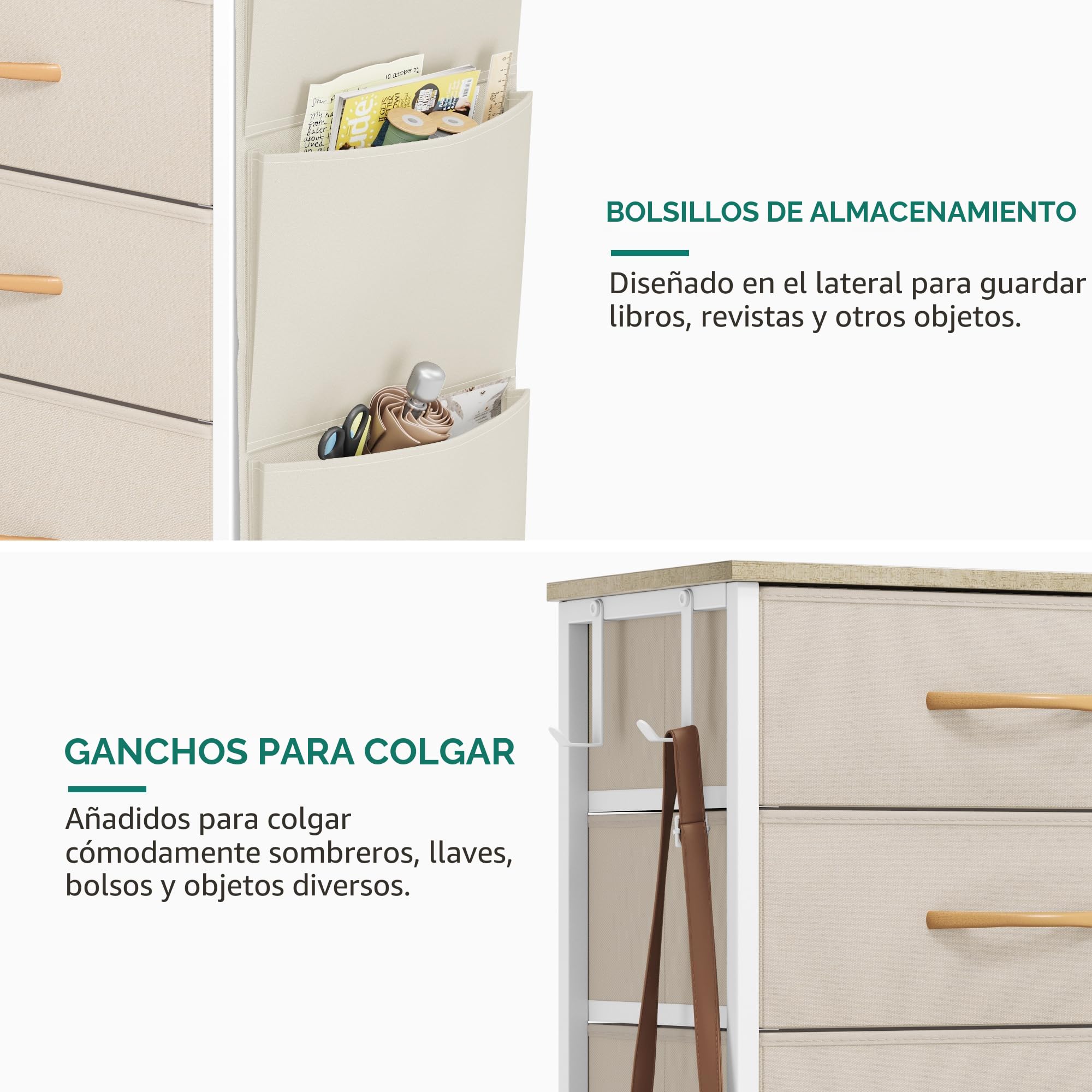 YITAHOME Cajonera de Tela con Bolsillos Laterales, Ganchos,Cómoda de Tela,Unidad de Almacenamiento,con 5 cajones Extraíbles,Cómoda de para Sala de Estar,Dormitorio, habitación Infantil,Beige