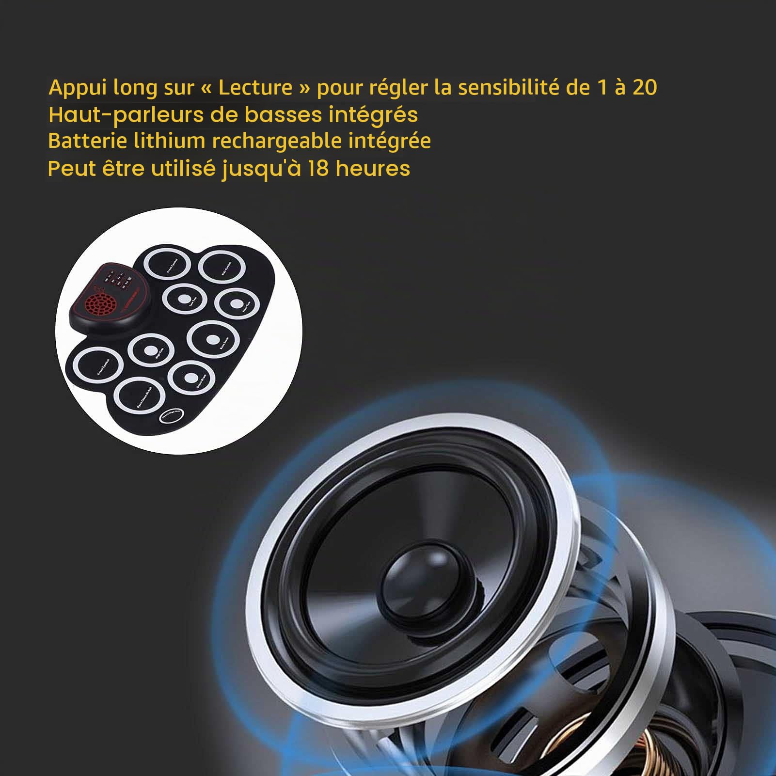 Batterie Electronique Enfant, Ensemble de Batterie Enroulable, 9 Pads, Kit de Batterie avec Pédales et Baguettes de Batterie, Double Haut-parleur intégré, Idéal