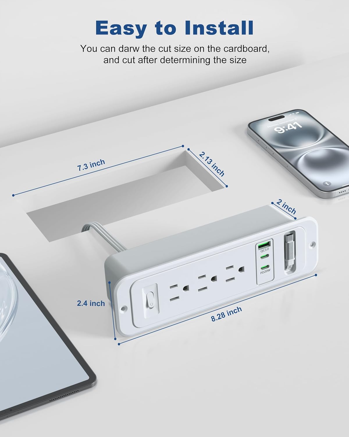 Recessed Power Strip with Retractable USB C Cable,2 PD 20W USB C,Flush Mount Countertop Drawer Outlet, Furniture Hidden Outlet for Side Table,End Table,3 Outlets (Grey, 6FT-20W USB)