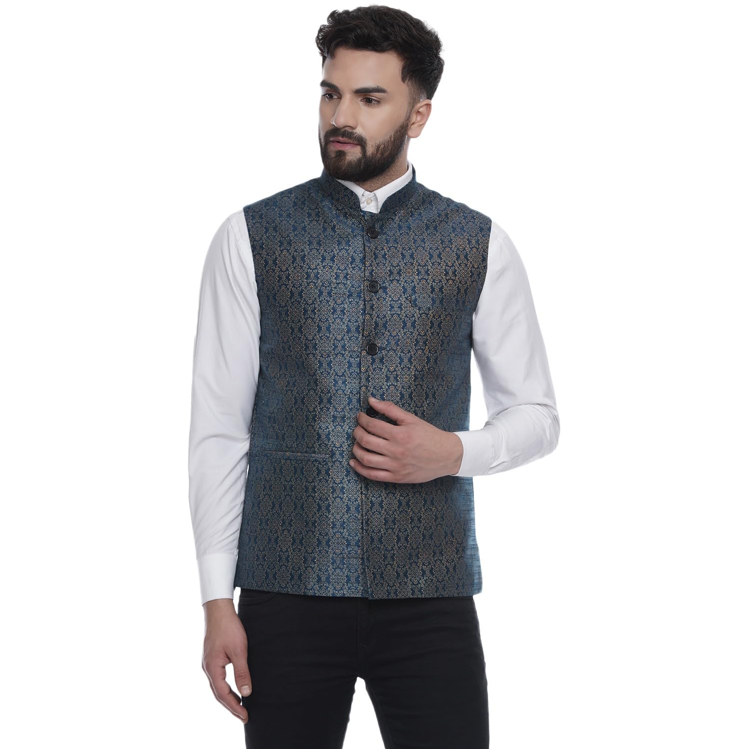 ghanshee Blue Jacquard Printed Silk Nehru Jacket (blue)-picture-42