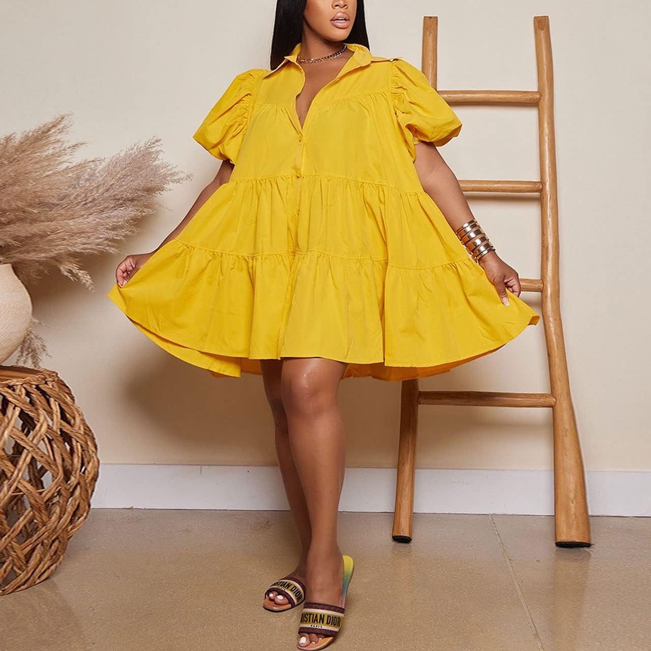 WOKANSE Women's Cute Babydoll Dresses 2024 Casual Loose Puff Sleeves Ruffle Hem Button Down Pleated Shirt Dress - Image 2