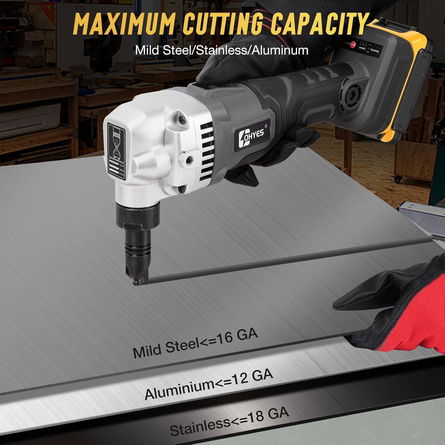ohyes Cordless Metal Nibbler showing maximum cutting capacity for different metals