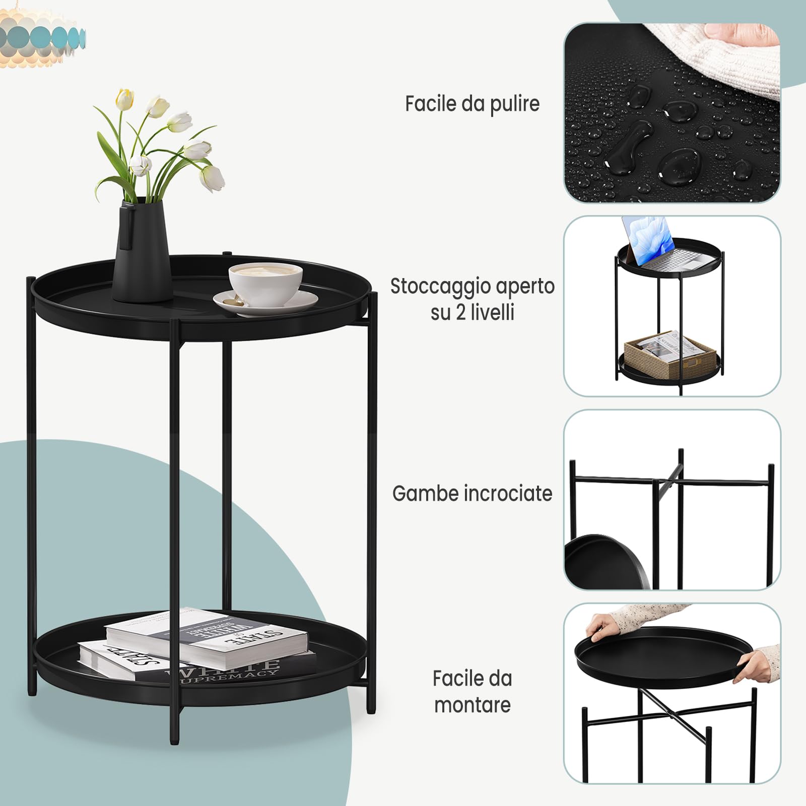 WOLTU Tavolino Salotto Rotondo, Tavolino da Divano con 2 Ripiani Rimovibili, Tavolino Basso, Comodino, Tavolino Laterale per Soggiorno, Camera da Letto, in Metallo, Nero, BTS17sz