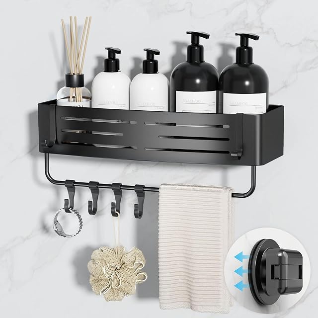 Onemake Suction Cup Shower Caddy Suction Shower Shelf with Portable Hooks Bath Organizer with Towel Bar for Bathroom