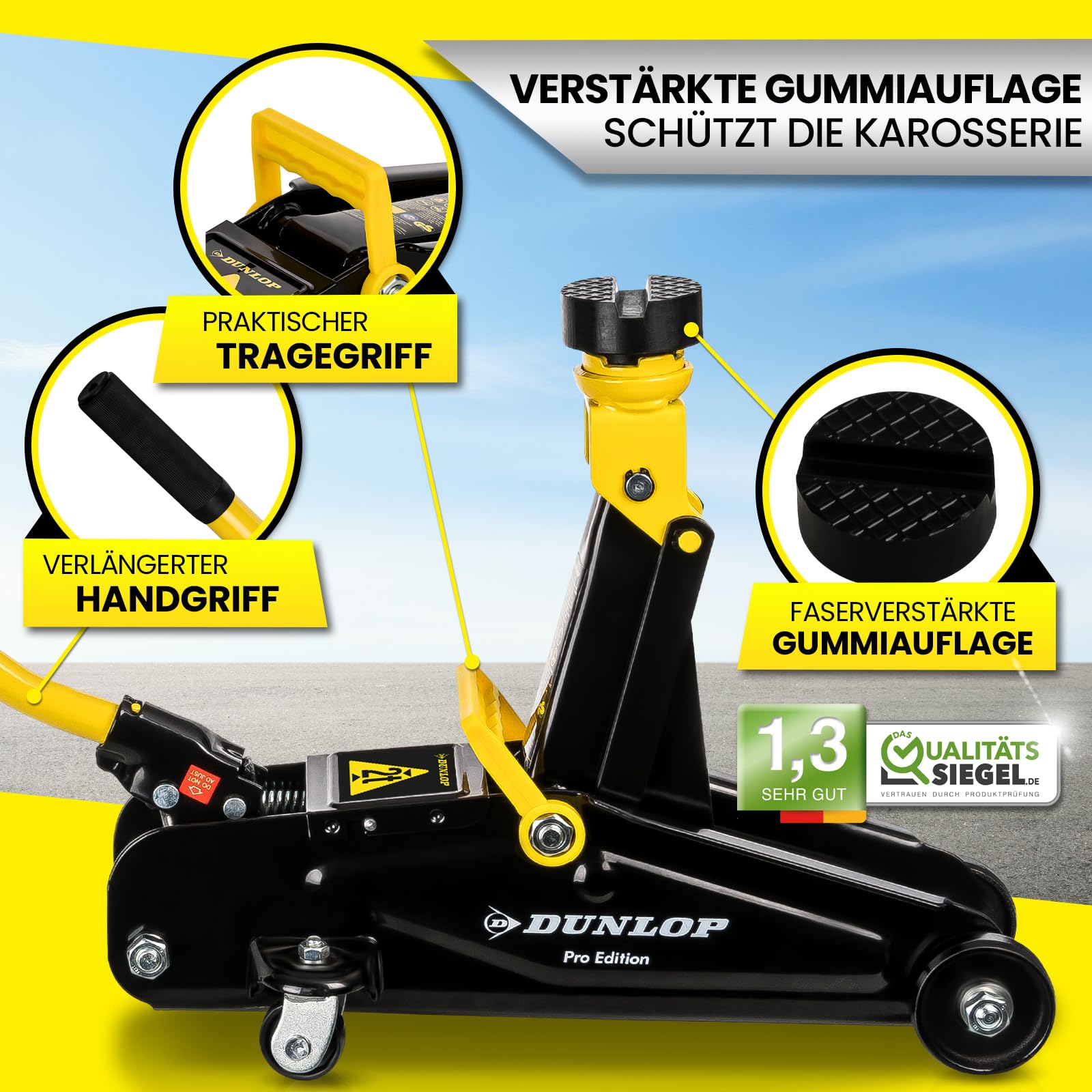 DUNLOP Wagenheber hydraulisch PRO Edition - Reifen wechseln in Bestzeit - 2t hydraulischer Rangierwagenheber für Auto PKW Kfz Reifenwechsel mit Transportbox und Gummiauflage - car Jack Set