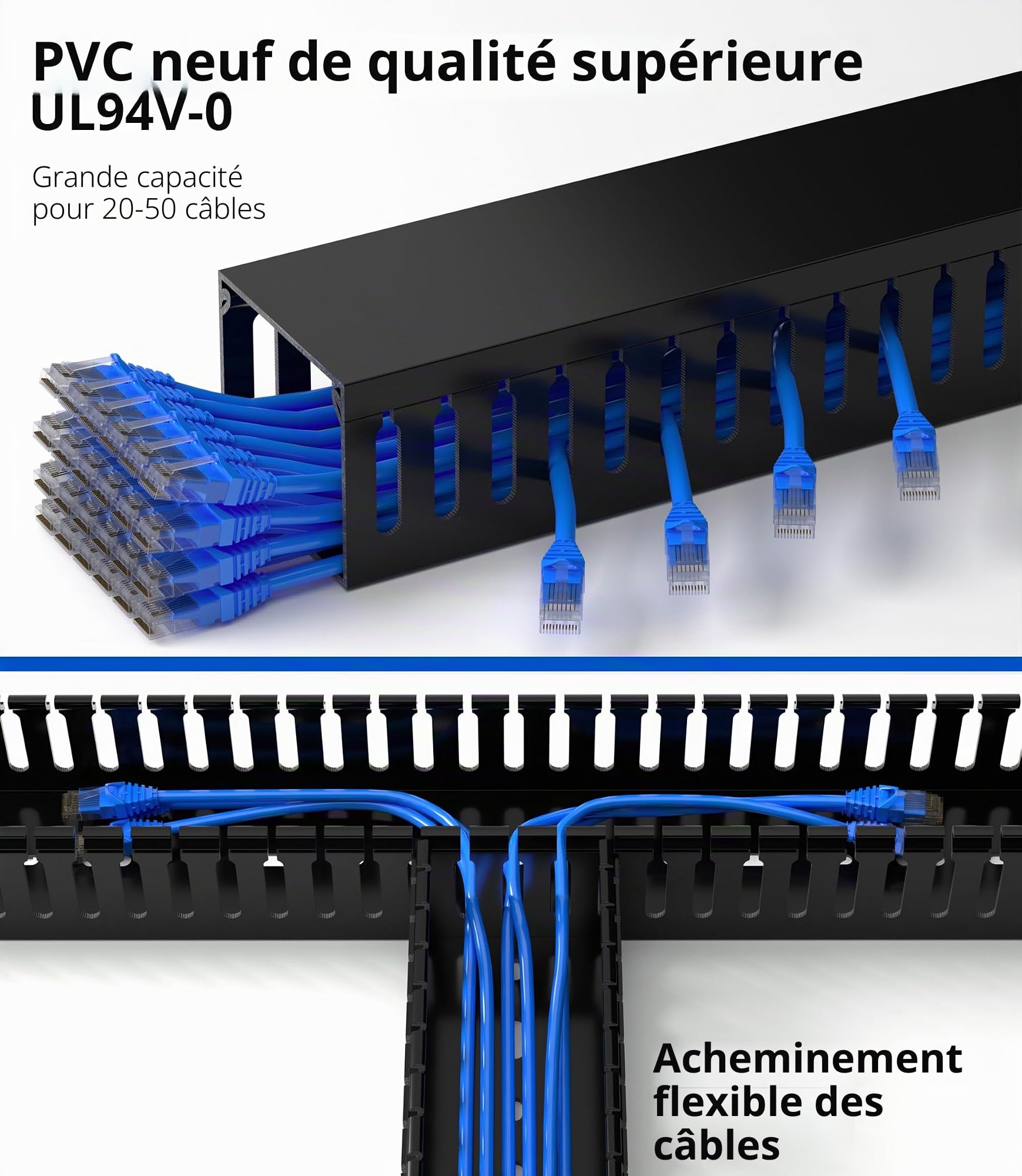 ZhiYo Chemin de câbles professionnel pour armoire serveur de 240 cm de long (4 x 60 cm), chemin de câbles de 5 x 6 cm (H x l) - PVC électriquement sûr, fentes ouvertes pour dissimuler des câbles sous