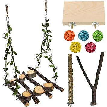 kathson Wood Bird Swing Toys Natural Parrot Perch Wooden Stand Platform Parakeet Paw Grinding Stick Cage Accessories Exercise Toy for Cockatiels Budgies Lovebirds Conures