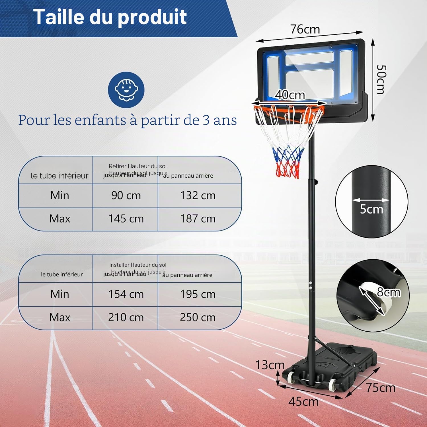 FANTASK Panier de Basket réglable en Hauteur de 90 à 210 cm avec Support et 2 Roues, Panier pour Enfants, Adolescents, Bleu