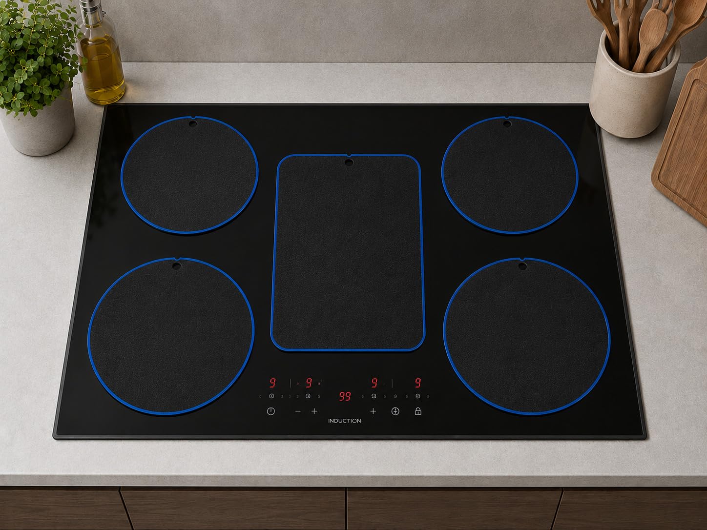 HOM&KITCHEN Tappetini Protezione Piano Induzione Set 5 Pezzi | Silicone + Fibra di Vetro, Fino a 300°C, Antigraffio e Antimacchia, 25x35 cm + 2x22 cm + 2x24 cm, Compatibili Solo Induzione