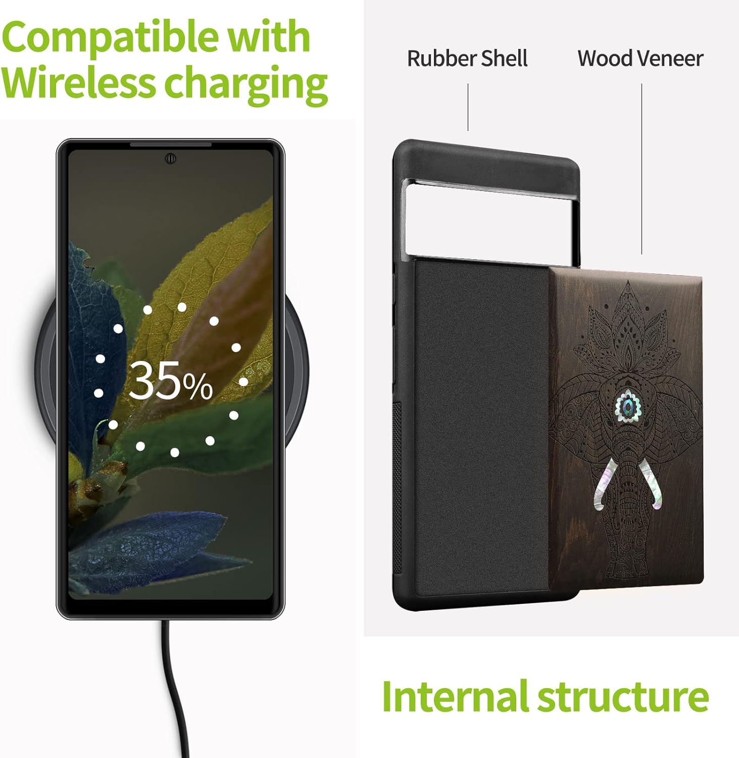 Carveit Designer Wooden Case for Google Pixel 7 Case Protective Cover [Wood Engraving & Shell Inlay] Unique Wood Cover Compatible with Wireless Chargers Pixel 7 (Elephant-Blackwood)