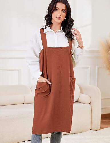 Miniatura 2 de Schine Pinafore de algodón con espalda cruzada para mujer, con bolsillos grandes, prácticos delantales para trabajos de jardinería, cocina,