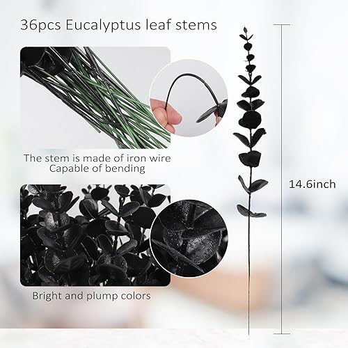 Miniatura 6 de 36 tallos de eucalipto negro, hojas de eucalipto artificiales, ramas de eucaliptos falsos, decoración de hojas de eucalipto sintético para