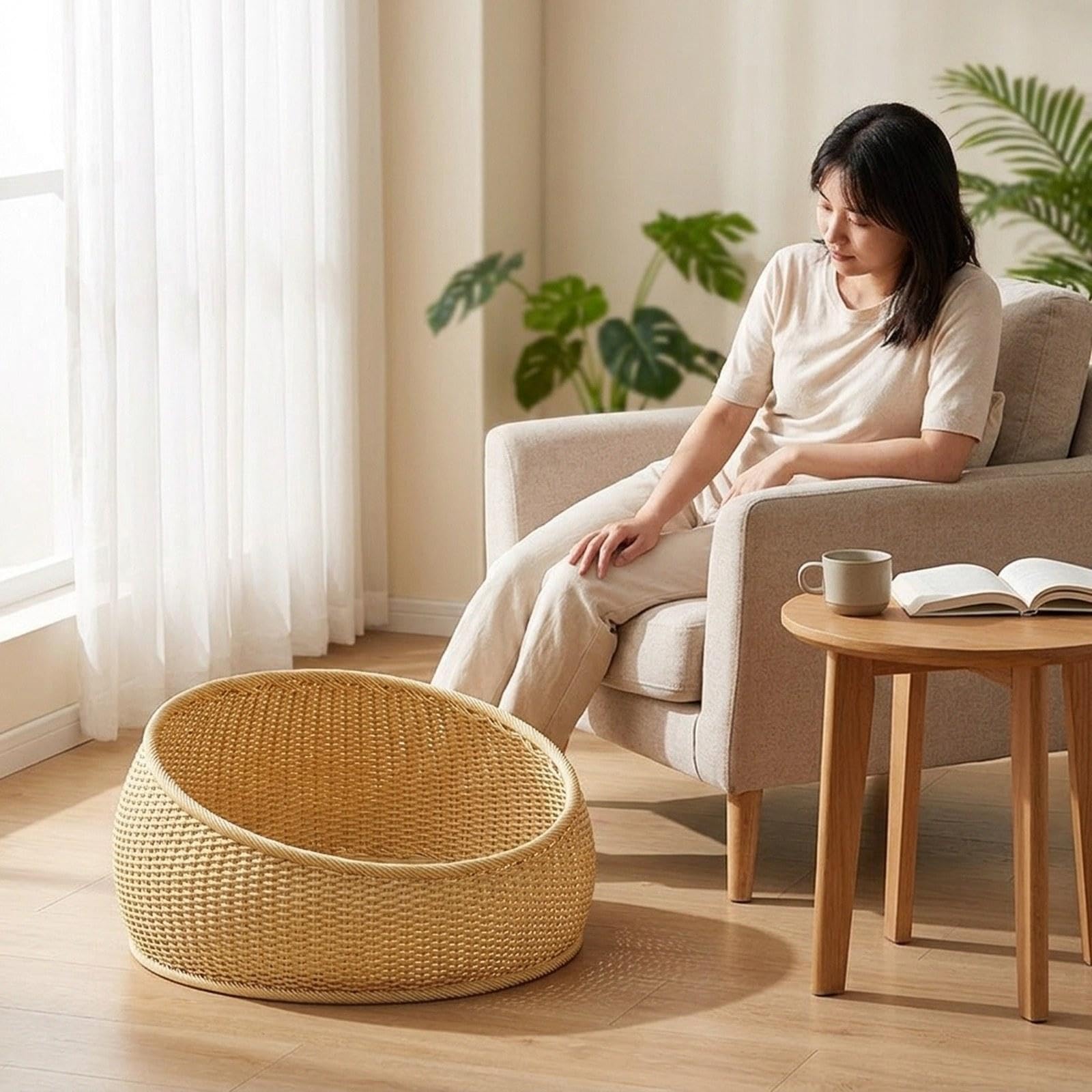Cuccia per Gatti Fatta a Mano, Accessori per Animali Domestici, Protezione per mobili, AntiGraffio, Rotonda, 50 cm, Leggera, Nido per Gatti per Il, Beige