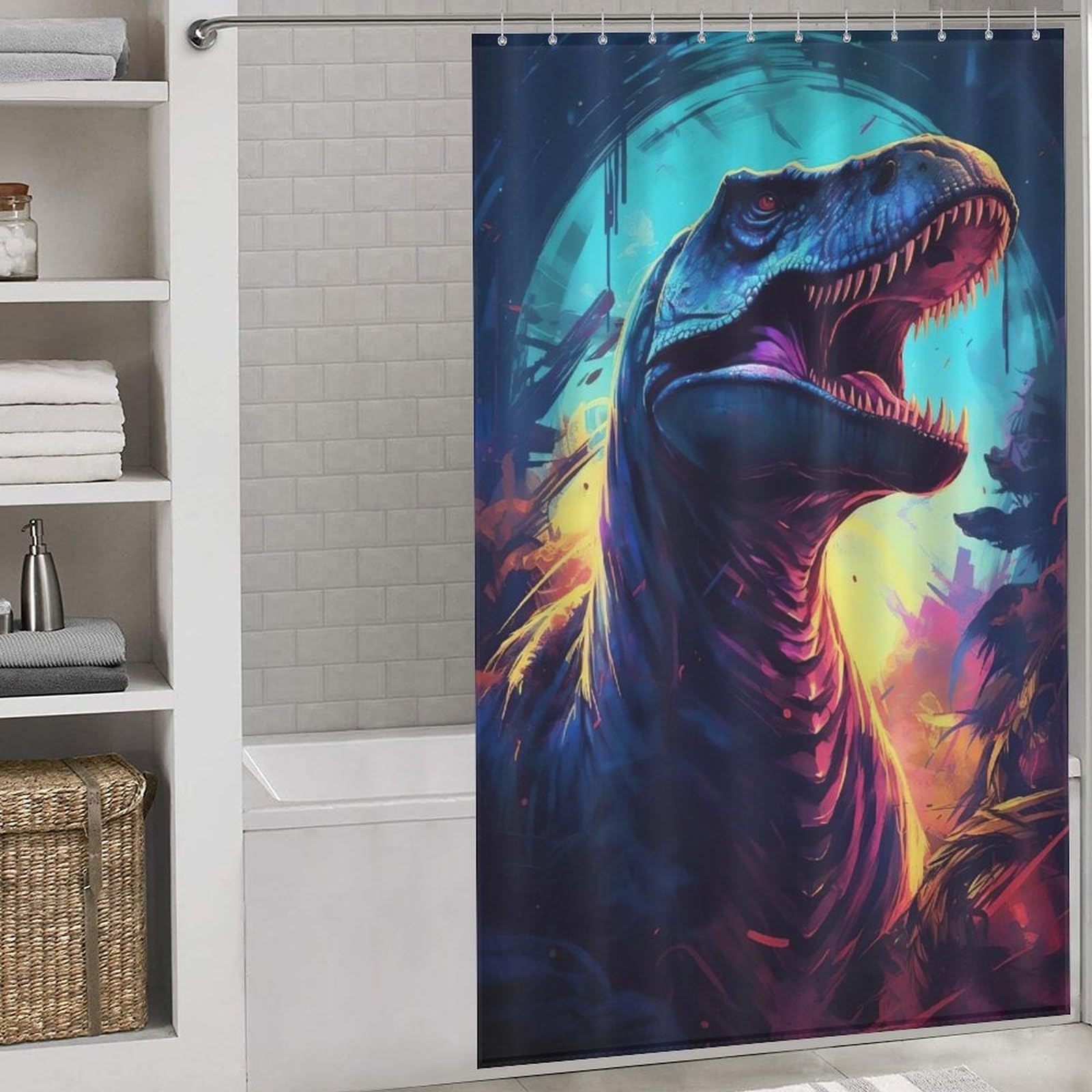 Rideau de douche dinosaure imperméable tissu polyester 140x183 cm lavable avec 12 crochets