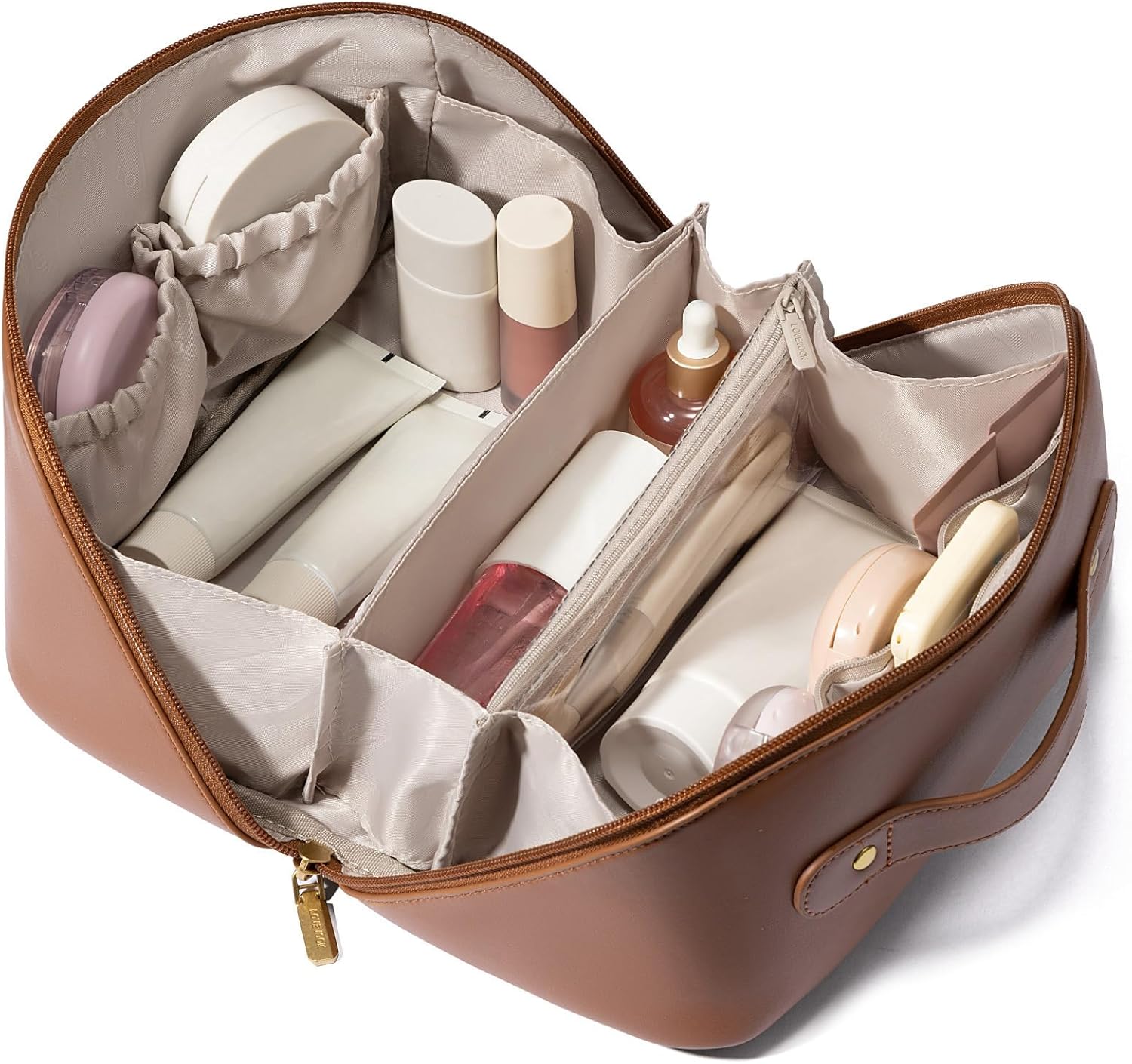 LOVEVOOK Travel Makeup Bag for Women, 2Pcs Large Capacity Cosmetic Organizer Bag, Waterproof PU Leather, Flat Open Portable Small Toiletry Pouch for Skincare, Brushes & Travel Essentials