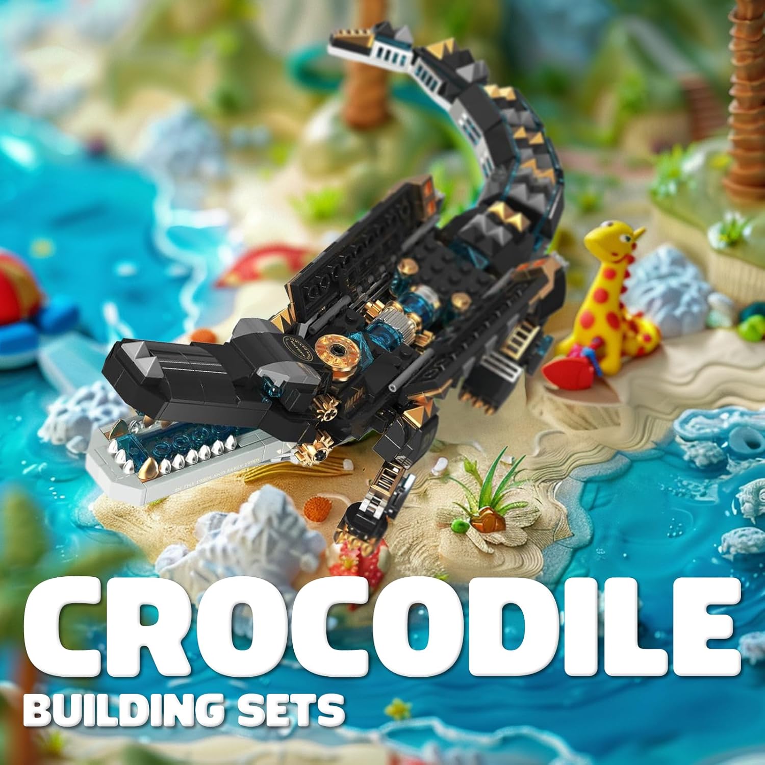 Mechanical Alligator Building Set 541 Pieces Steampunk Crocodile Model Kit with Golden Nameplate Articulated Swamp Beast Construction Toy Cyberpunk Bio-Animal Decor Gift for Adults Teens