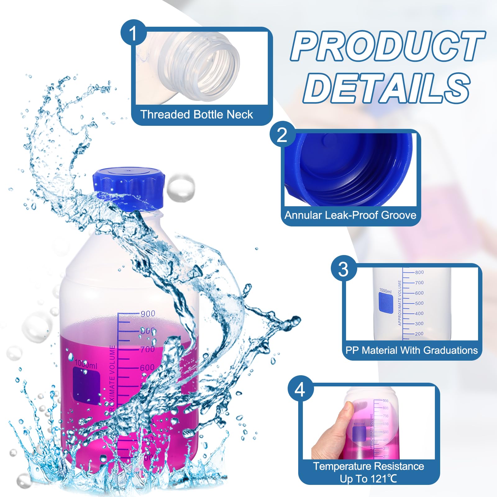 PATIKIL 1000ml Bottiglie Da Laboratorio In PP Rinforzato Con Gradazione, 2 Pezzi Bottiglie Di Plastica Con Tappo A Vite Blu Per Liquidi Reagenti Acqua Da Laboratorio, Trasparente (Rotonda)