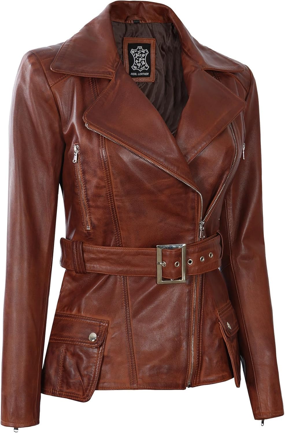 fjackets Women Leather Jacket - Real Lambskin Belted Style Leather Jackets Womens Stylish Asymmetrical Women's Leather Jacket - Image 3