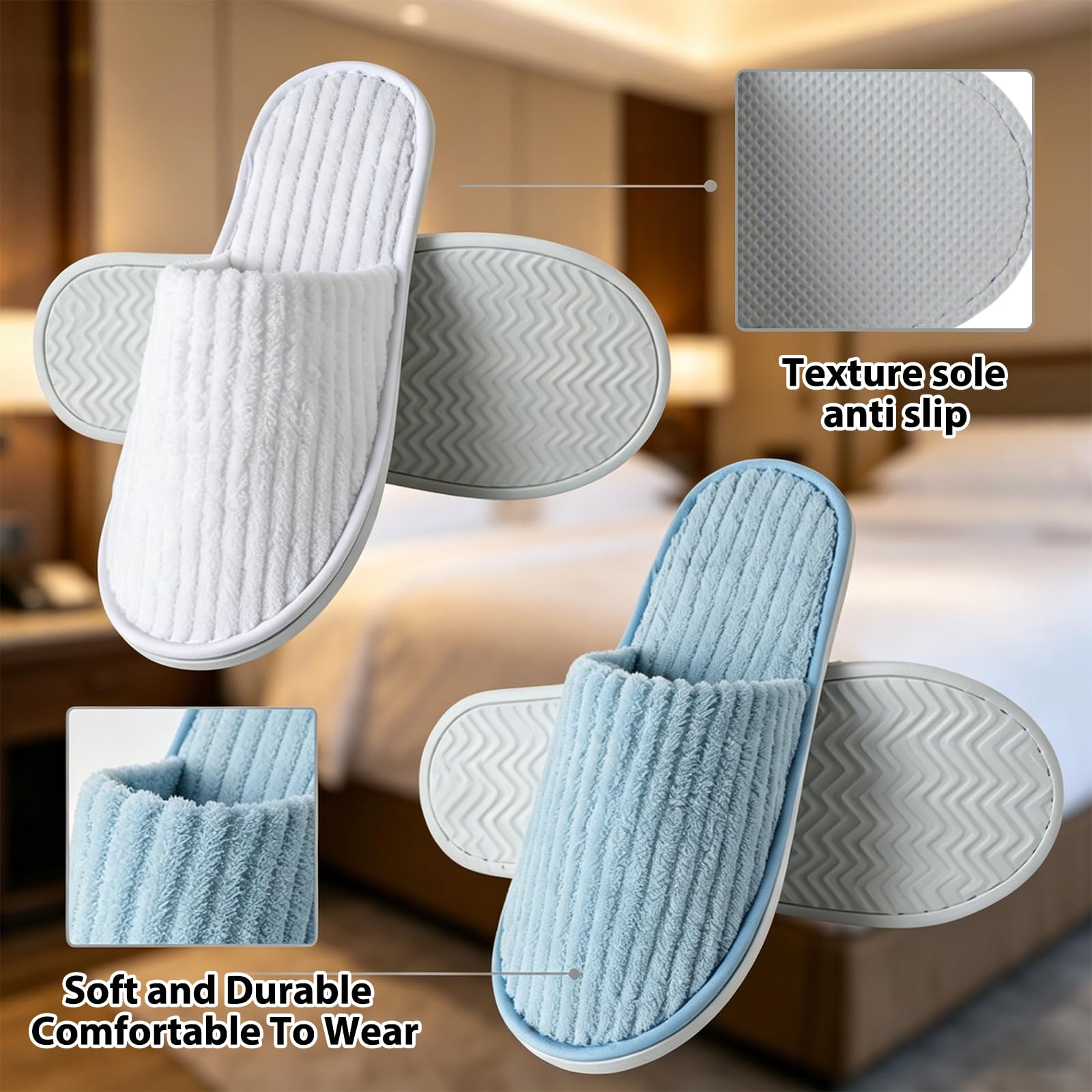 Ciabatte & Pantofole Usa e Getta 2 Coppie Unisex Salvaspazio Antiscivolo per Ospiti, Viaggio, Hotel, SPA, Casa, Bianco Crema & Azzurro.