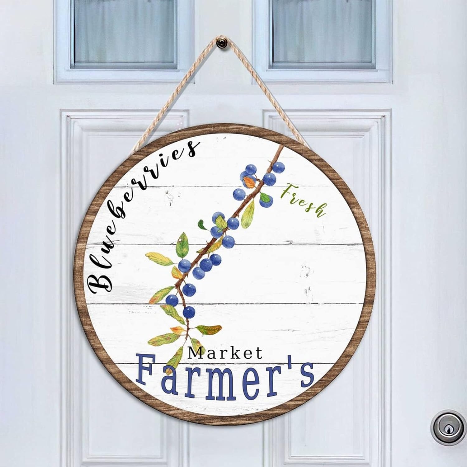 Rustic Wall Hanging Sign Plaque, Vintage Fruit Blueberry Wood Door Sign, Fruit 16x16in Round Door Hanger Sign Decor for Outdoor Front Porch Front Door Housewarming Gifts
