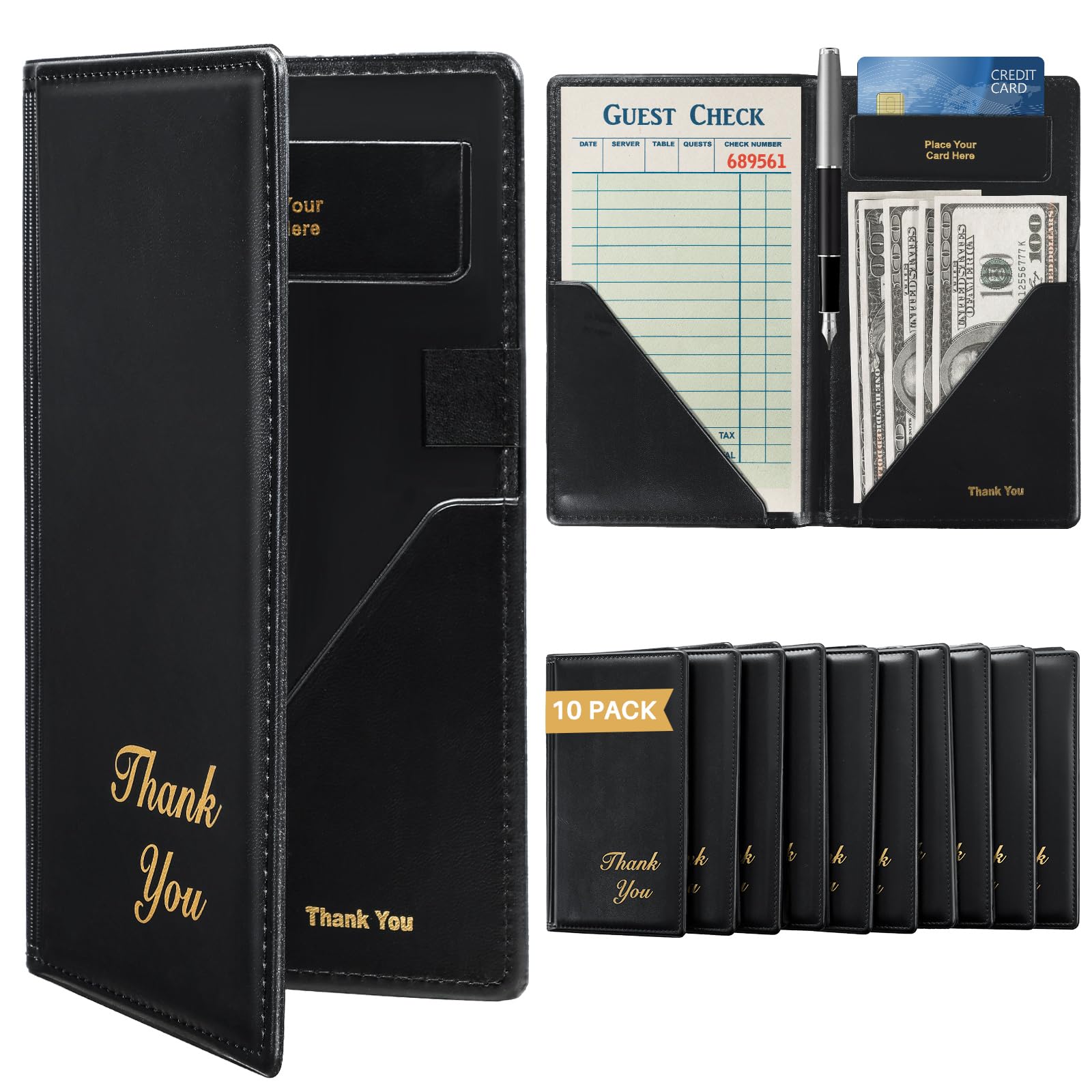 Leather Restaurant Check Presenters, 10 Pack 9" x 5" Guest Check Card Holder with Gold Thank You Imprint for Severs, Bill Book Restaurant Supplies for Restaurants, Bar and Cafe (10, Black)