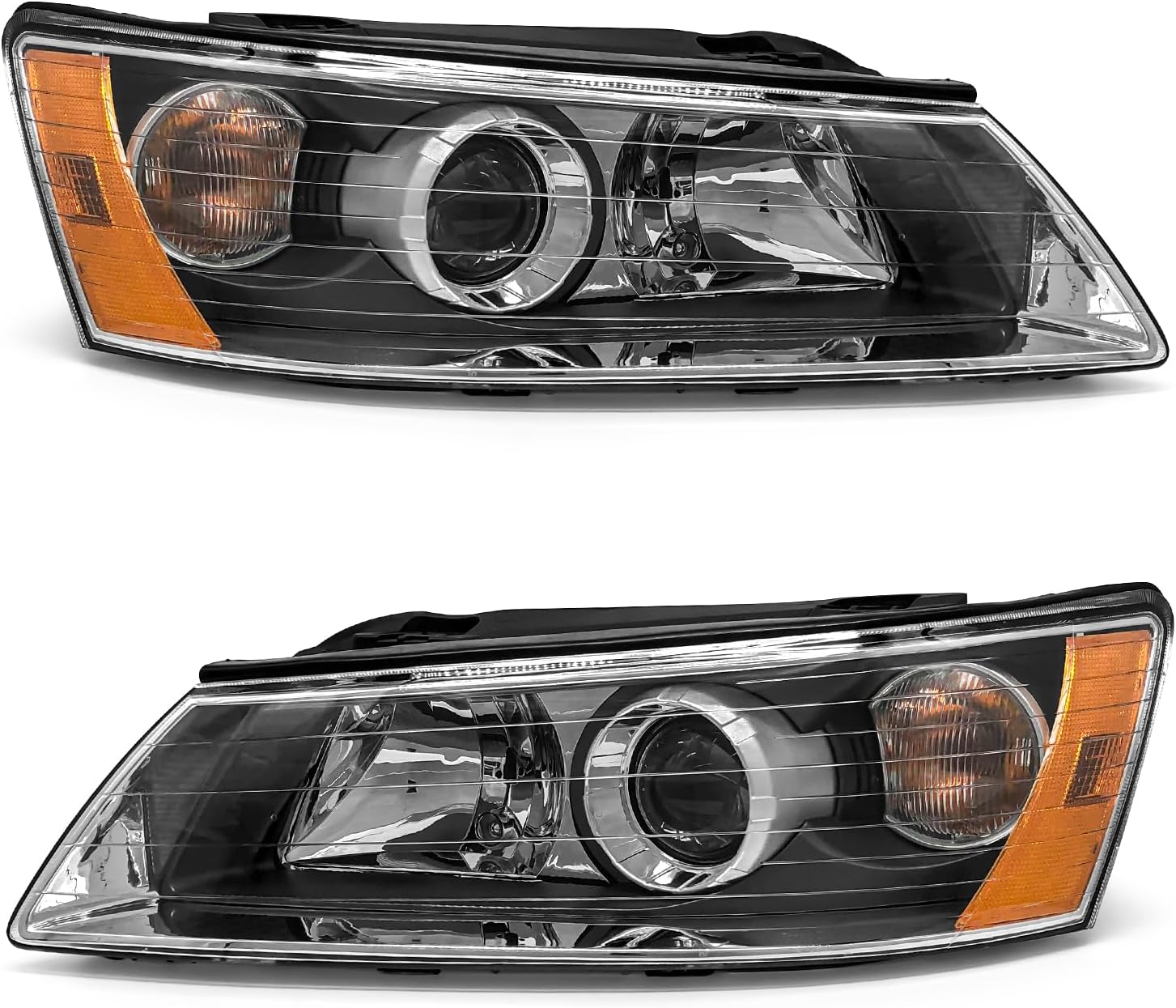 Headlight Compatible with 2006 2007 2008 Hyundai Sonata Headlamp with Black Housing Amber Reflector Headlamp Replacement Pair (Black Housing Amber Reflector Clear Lens)
