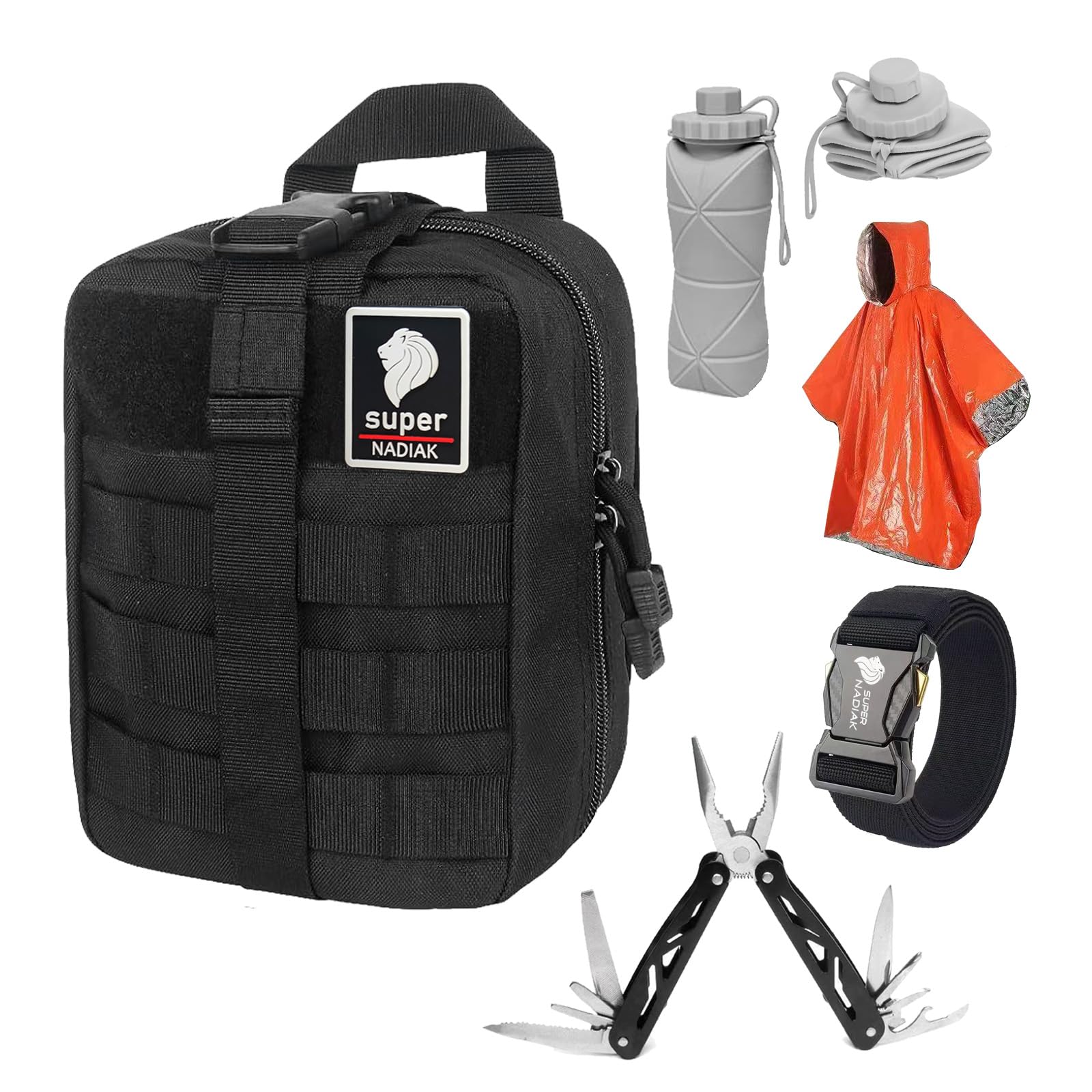 5-in-1 Tactical Waist Pack & Survival Kit | Molle-Compatible Pouch with Military Belt, Emergency Poncho, Foldable Water Bottle & Multitool | for Hiking, Camping, Trekking & Outdoor Adventures